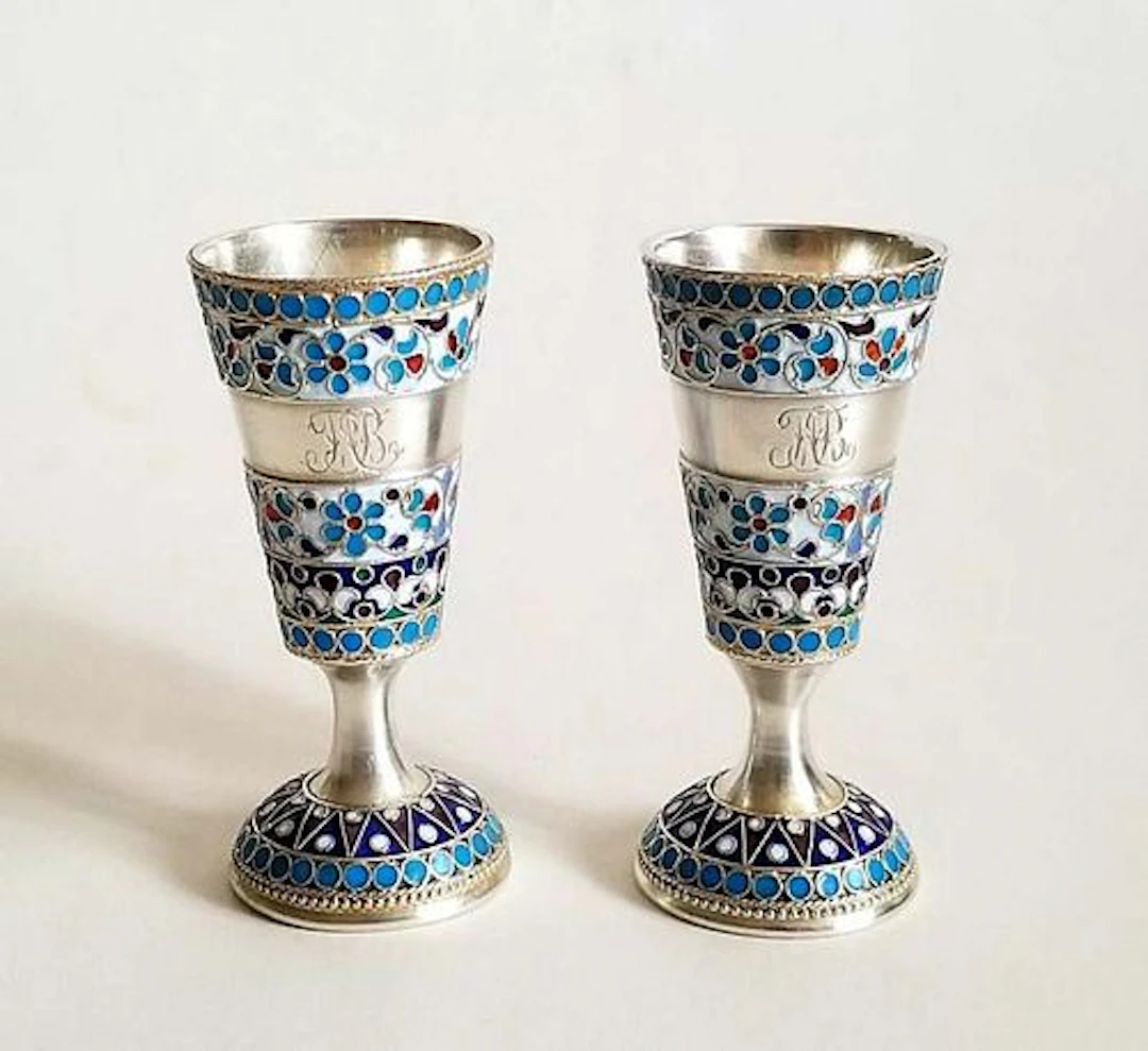 Pair of 19th C. Russian 84 Silver & Enamel Cups
