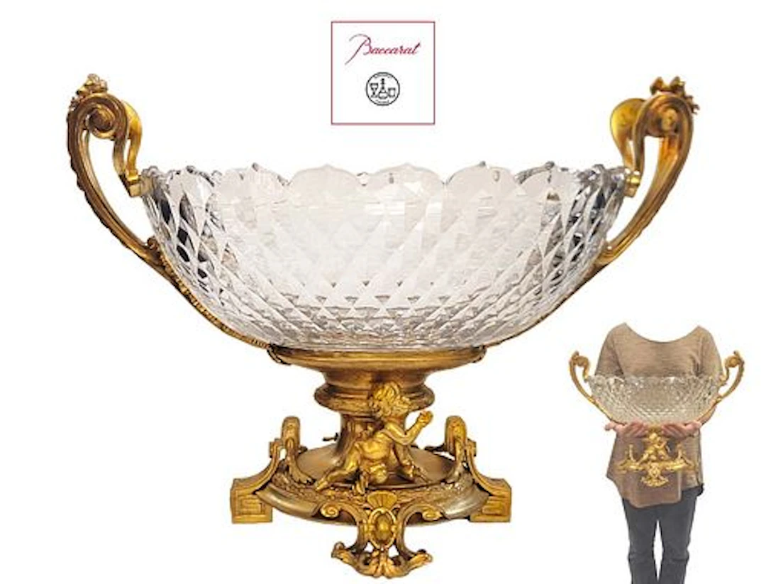 Very Large 19th C. Figural Bronze With Baccarat Crystal Centerpiece