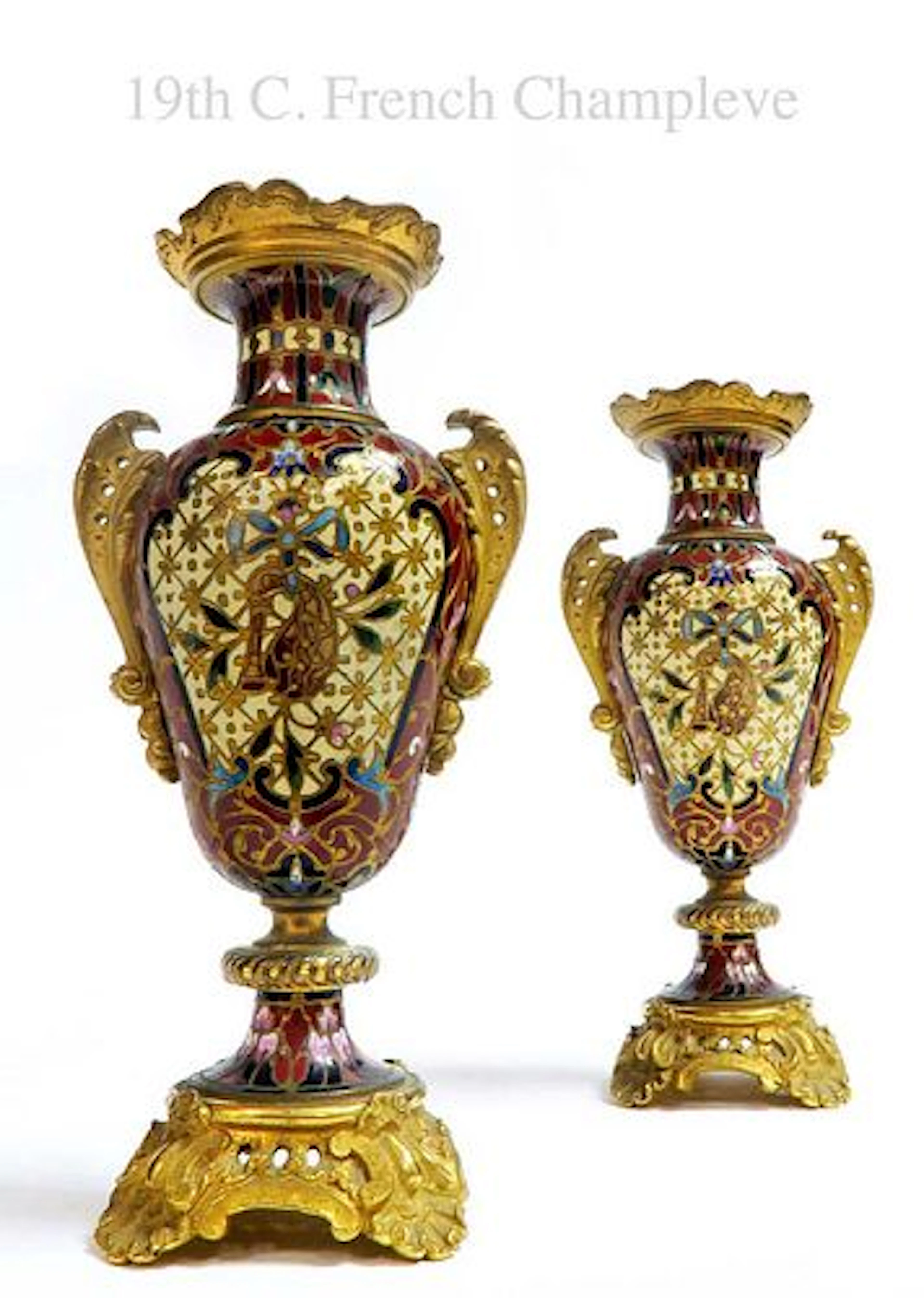 Pair of 19th C. French Champleve Enamel Vases