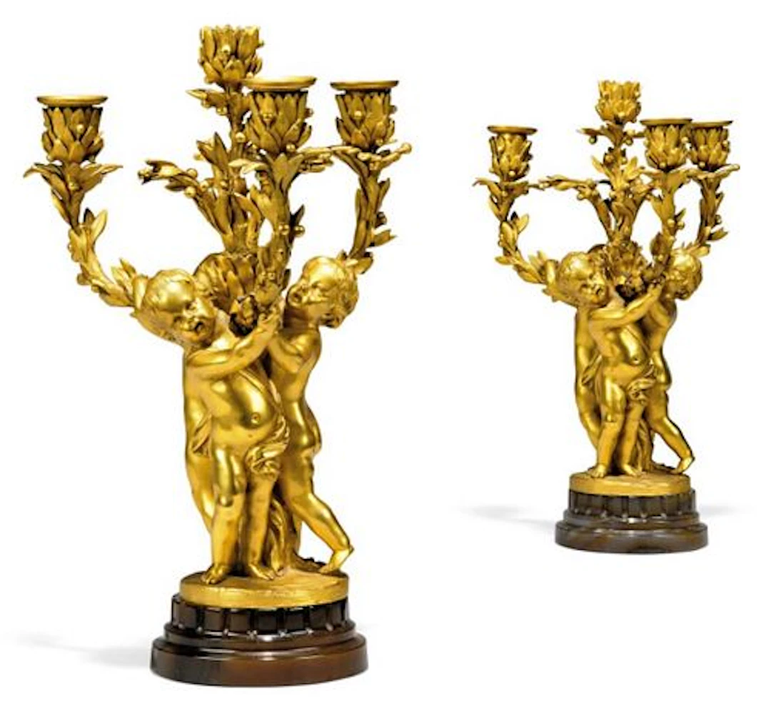 Pair Of Large 19t C. Signed French Figural Gilt Bronze FOUR Light