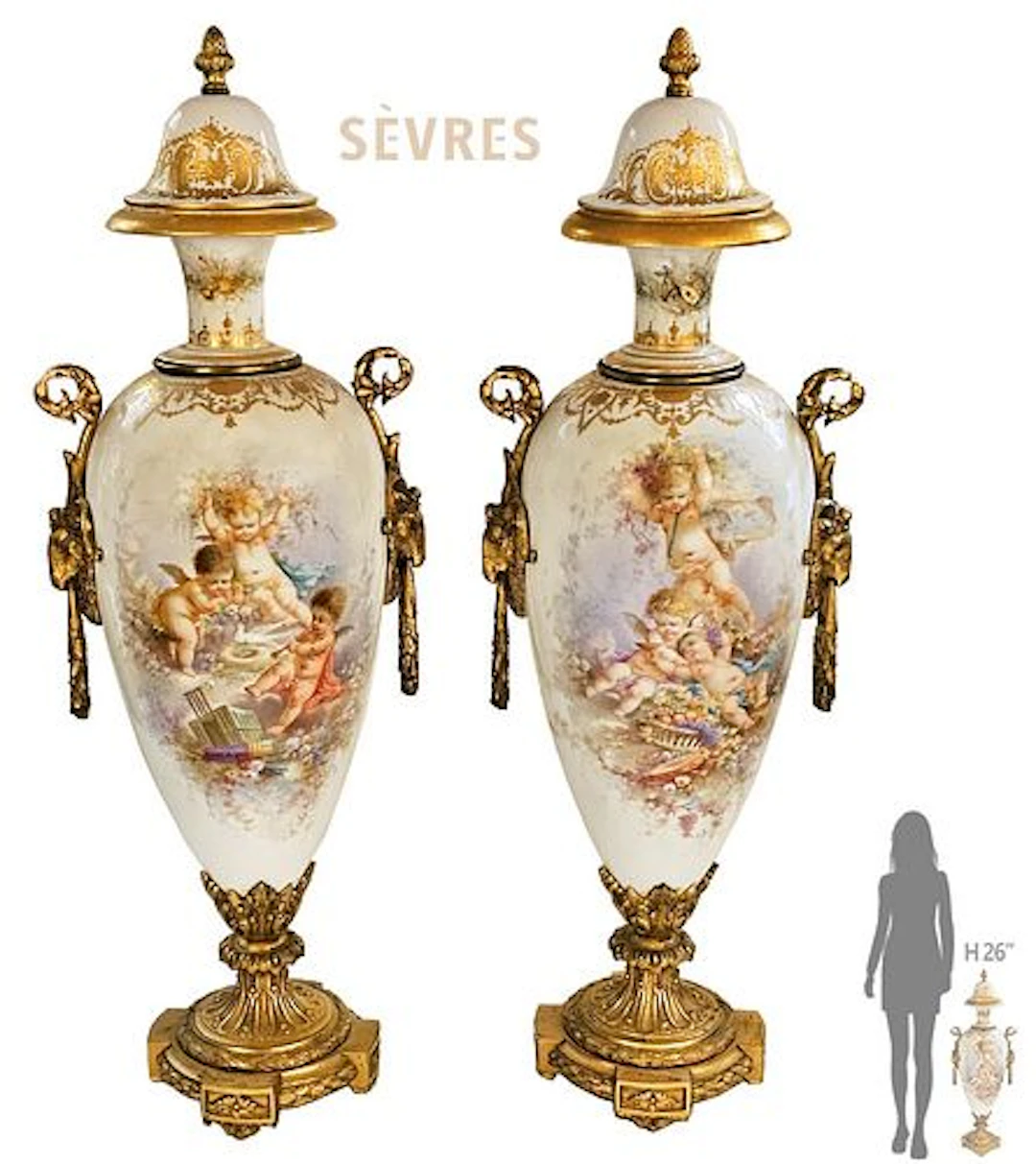 Large Pair Of Large 19th C. French Hand Painted Sevres Urns