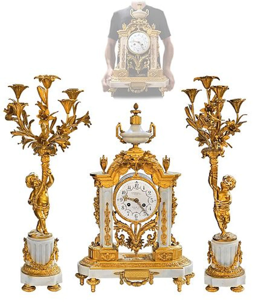 19th C. French Louis XVI Style Gilt-Bronze Figural Mental Clockset