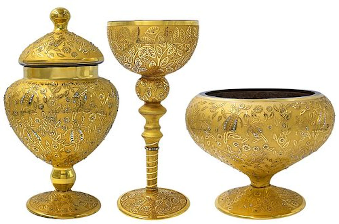 Set Of Three Beautiful Oriental Style Gold-Gilt & Jeweled Decorative