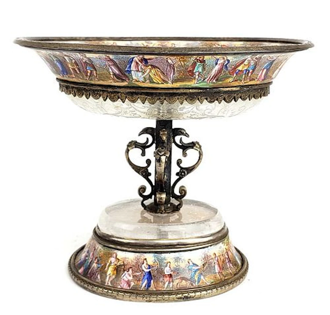 19th C. Viennese Enamel & Rock Crystal on Silver Tazza