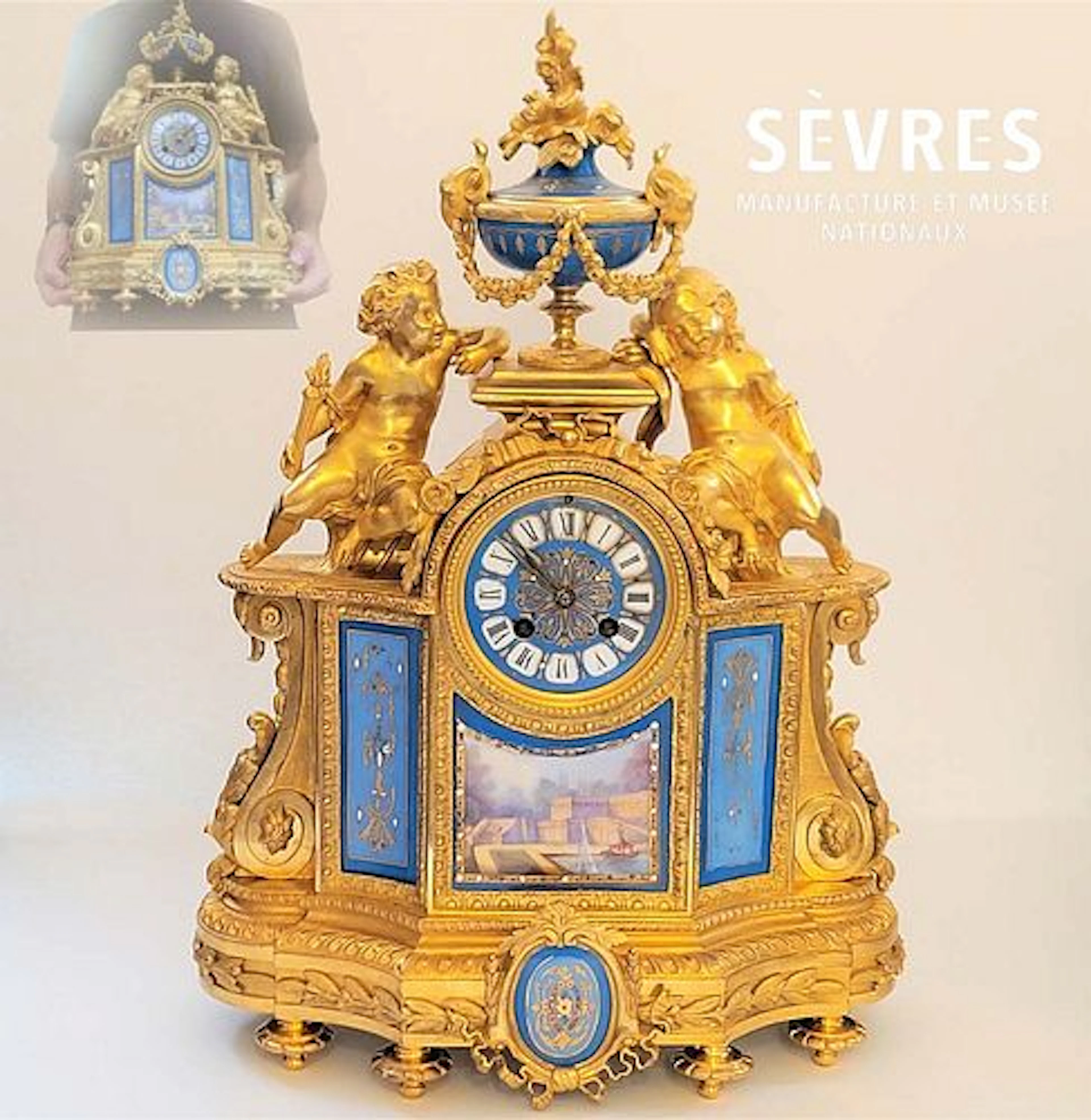 Large 19th C. Sevres Gilt Bronze And Porcelain Mantle Clock