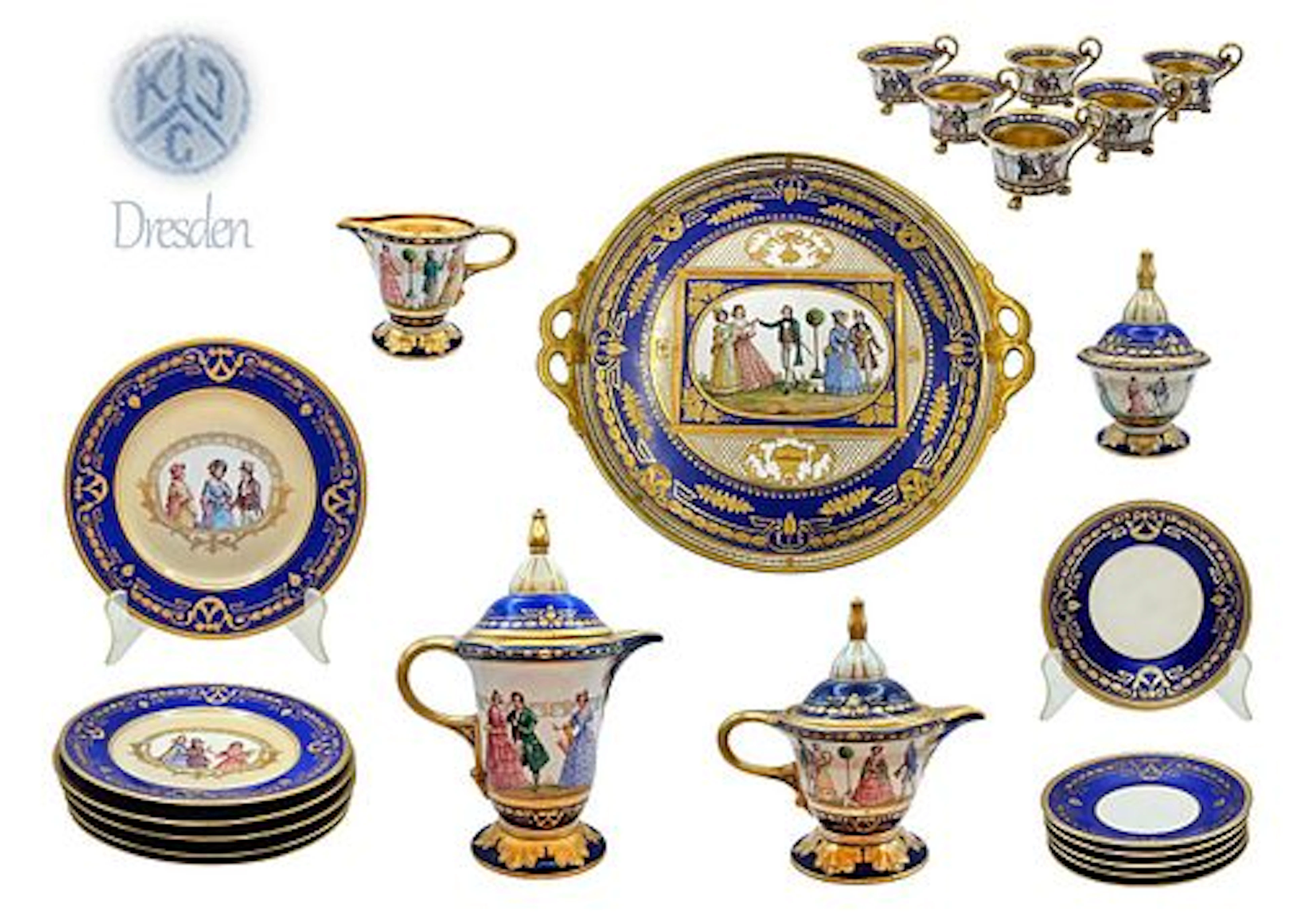 19th C. (23Pcs) Blue Dresden Hand Painted Porcelain Tea / coffee Set