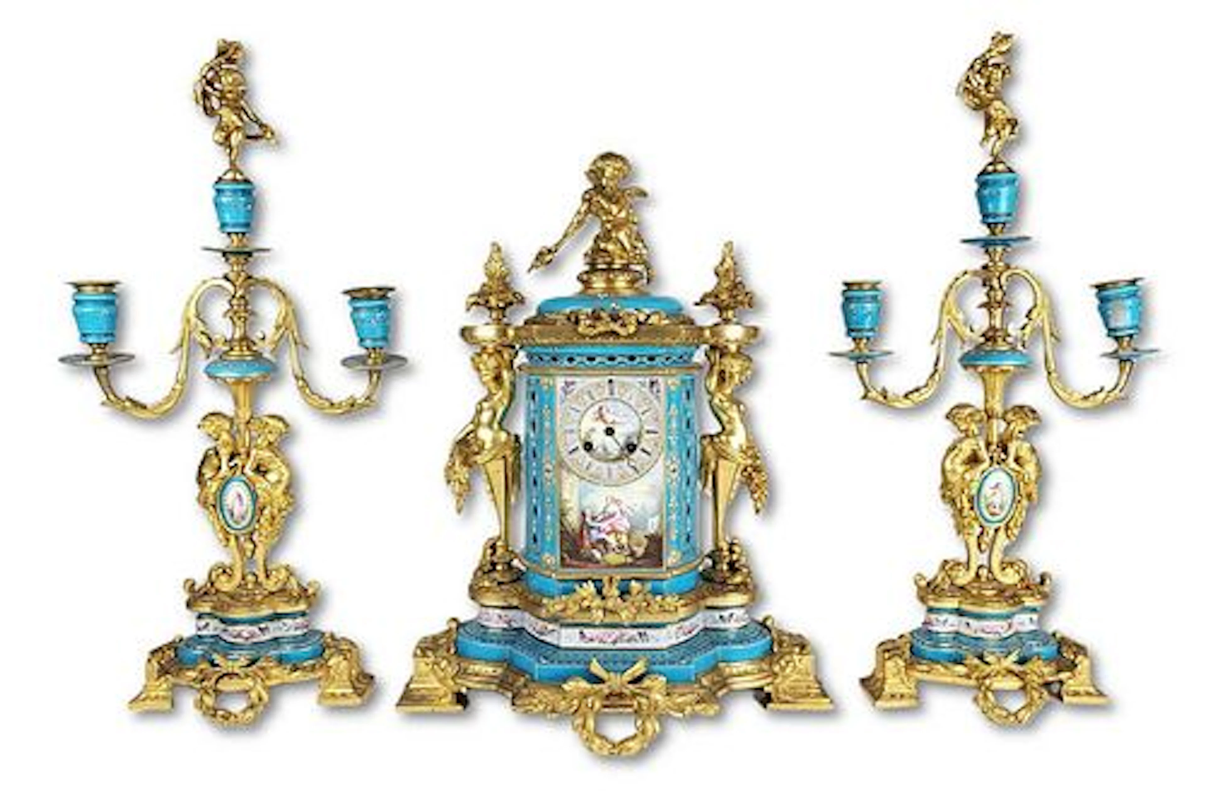 19th C. Sevres Porcelain & Bronze Jewelled Clockset