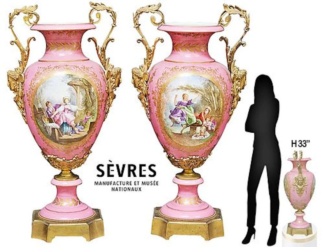 Large 19th C. Louis XVI Style Pair Of Pink Sevres Porcelain Bronze