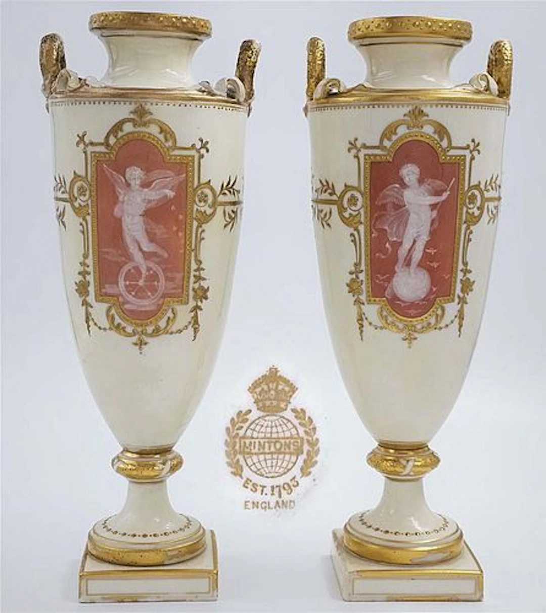 Pair of 19th C. Pate Sur Pate Mintons Porcelain Angel Vases / Urns
