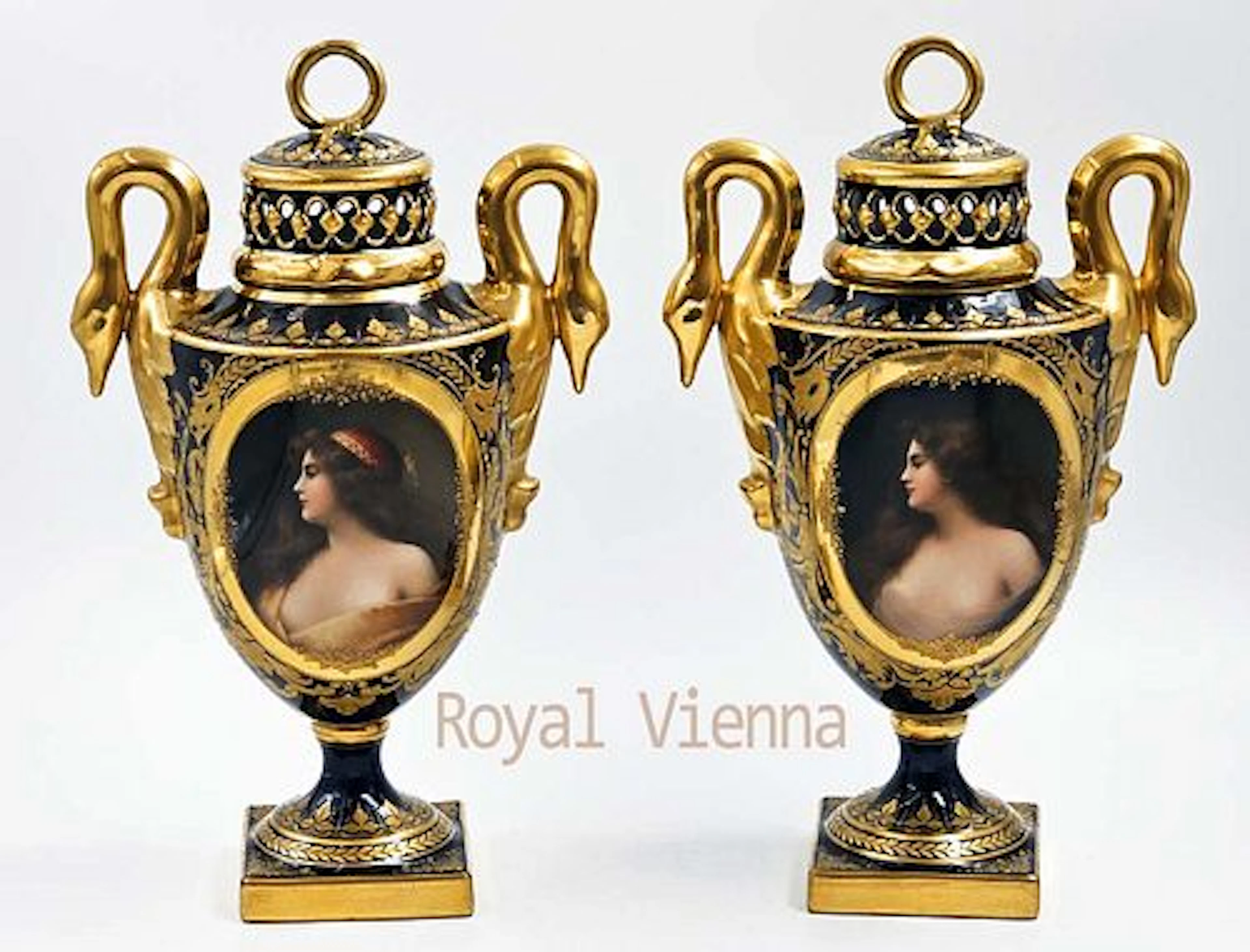 19th Pair Of Hand Painted Royal Vienna Vases/urns