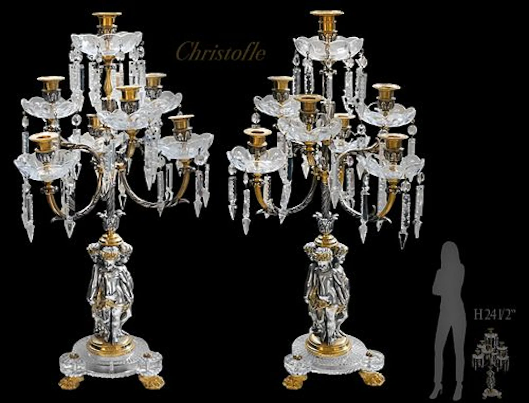 Pair Of 19th C. Baccarat Crystal & Christofle 7-Arms Figural Bronze Candelabras