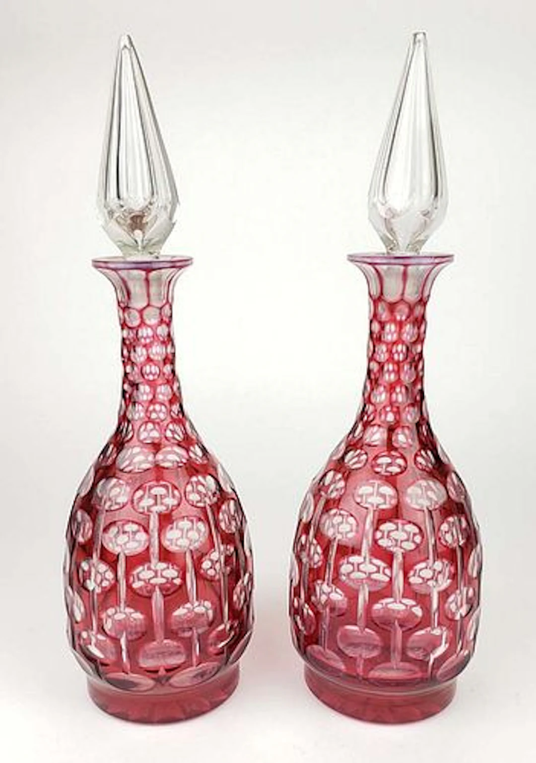 Pair of 19th C. Bohemian Ruby Red Decanters
