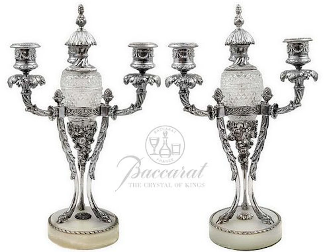 Pair Of French 19th C. Silver Plated On Bronze With Baccarat Crystal
