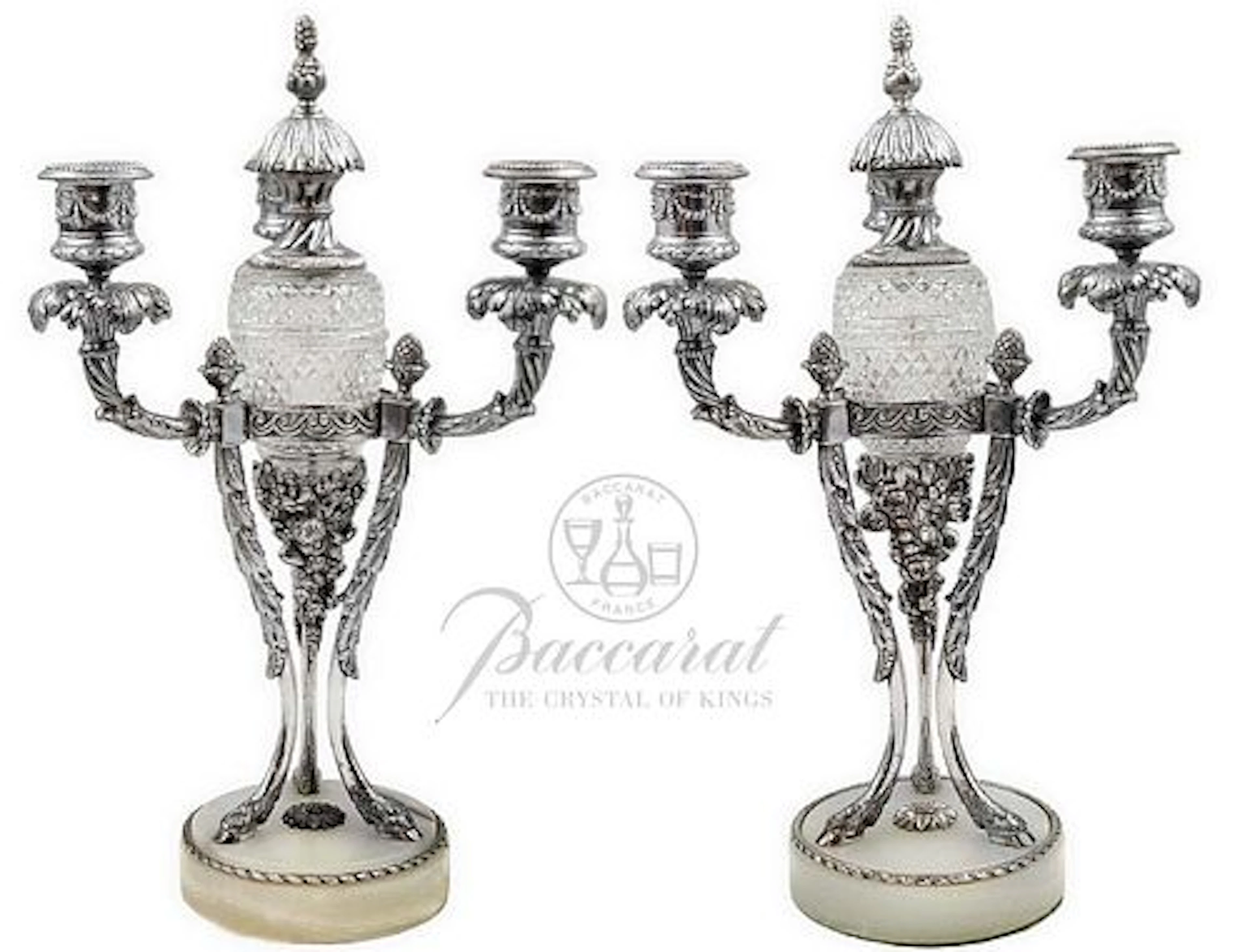 Pair Of French 19th C. Silver Plated On Bronze With Baccarat Crystal