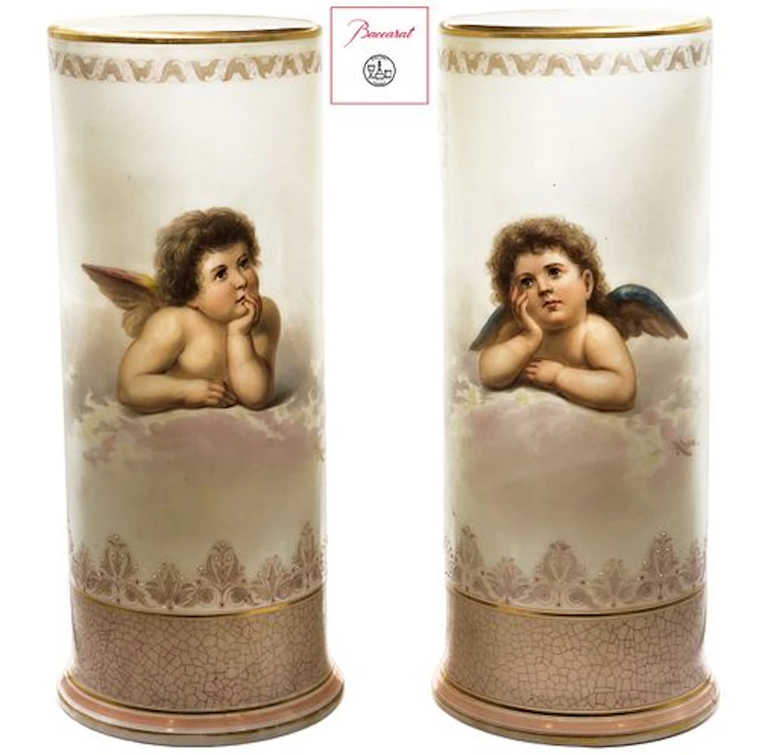 Signed Pair Of 19th C. French Hand Painted Baccarat Opaline Spill Vases