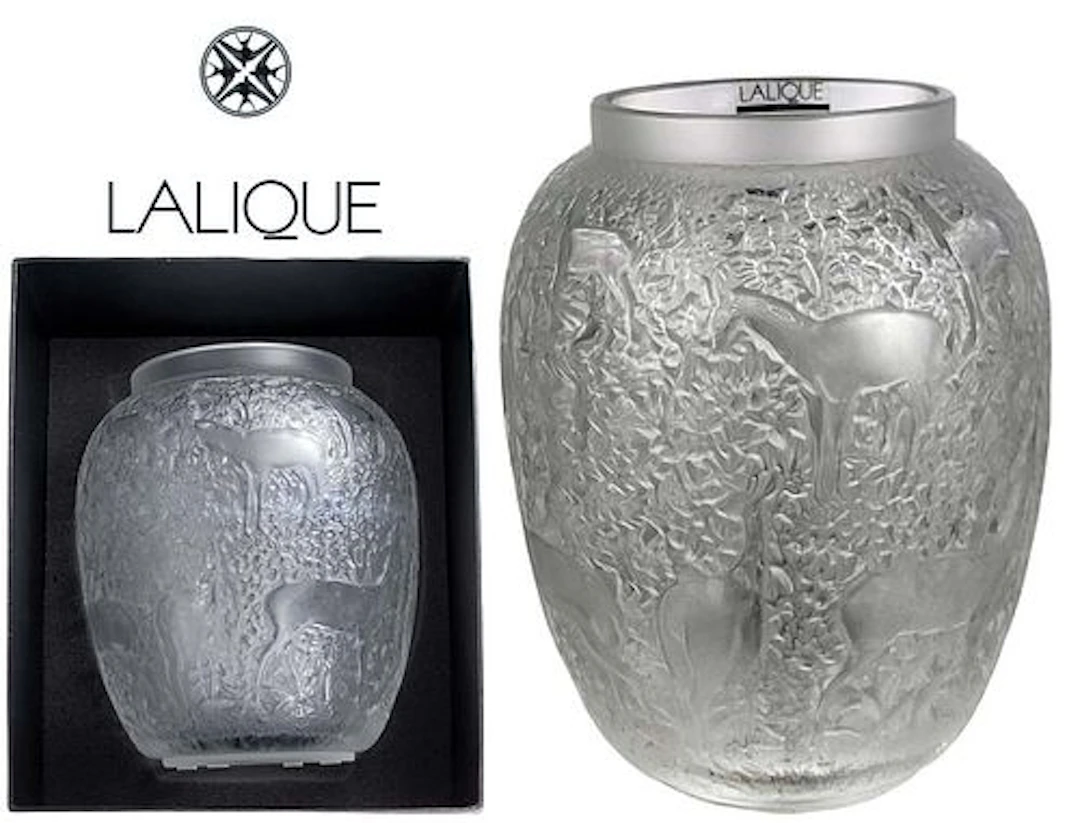 Lalique Crystal Clear & Frosted Glass Deers Vase