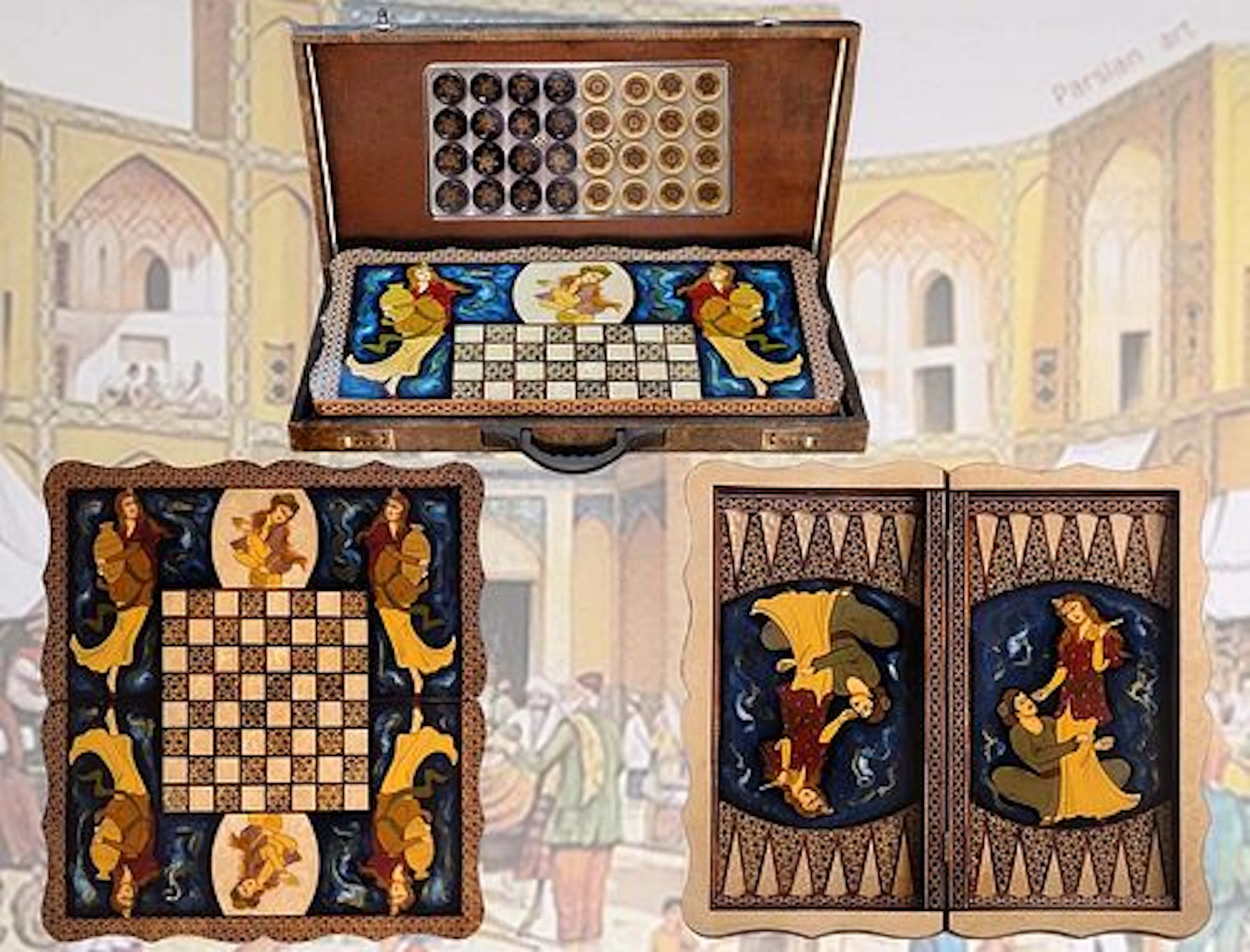 Persian Hand Painted Isfahan ' Khatam ' Backgammon set
