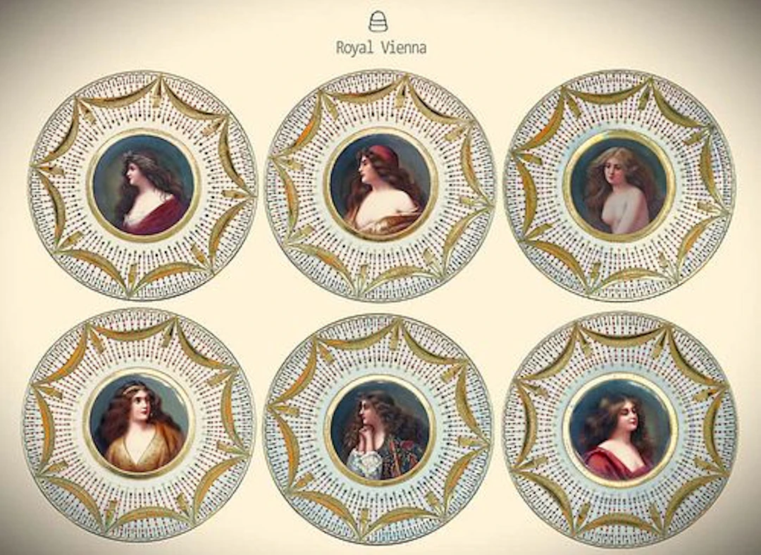 19th C. Set Of Six Royal Vienna Hand Painted Decorative Wall Plates, Signed