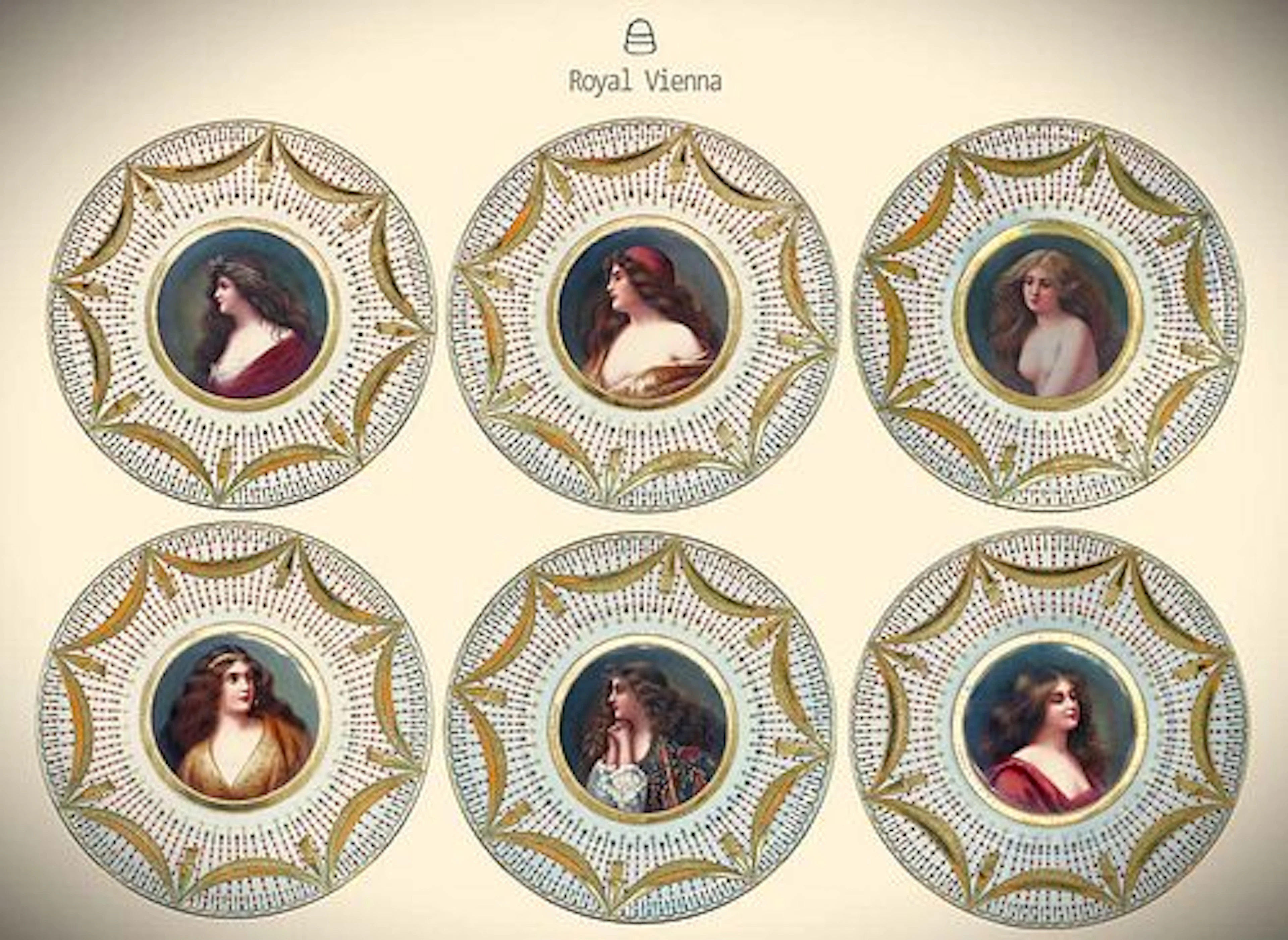 19th C. Set Of Six Royal Vienna Hand Painted Decorative Wall Plates, Signed