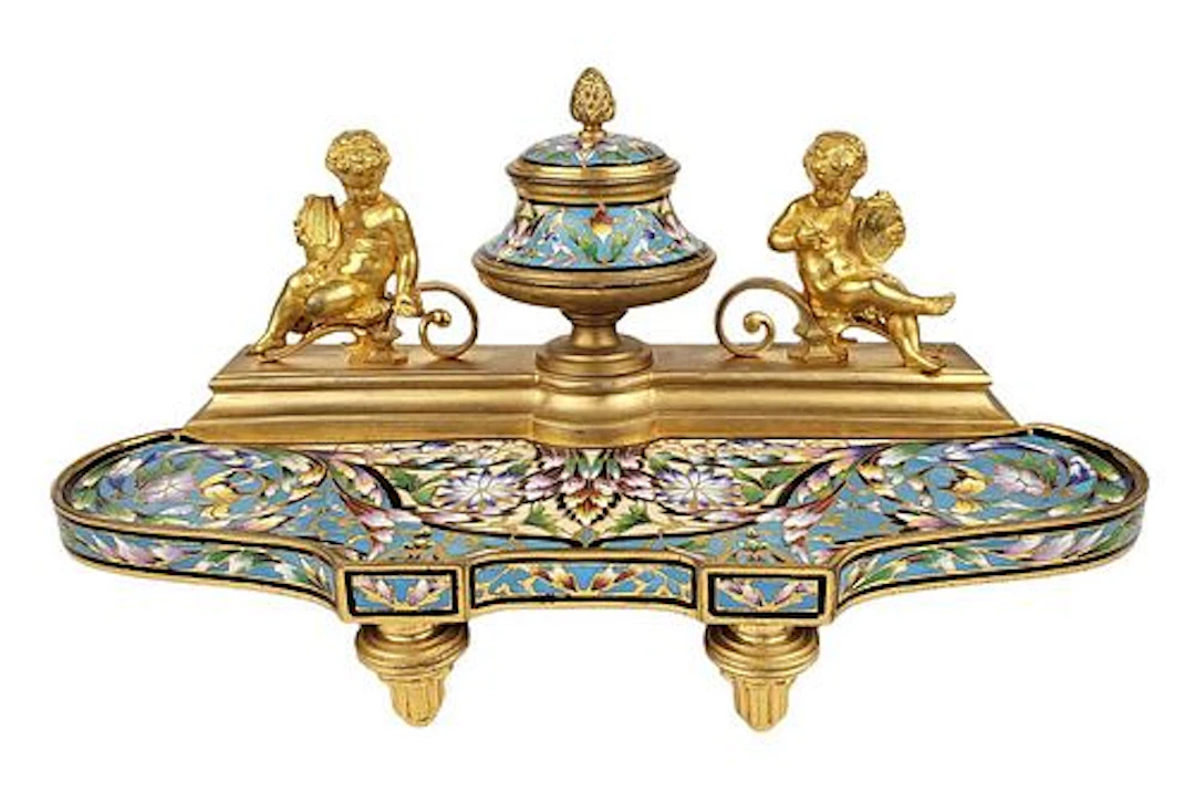 19th C. Alph Giroux Bronze & Champleve Enamel Inkwell