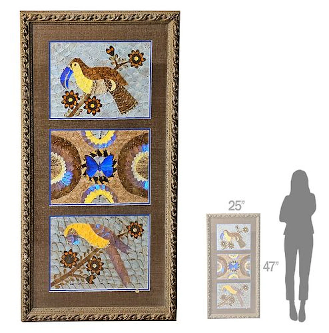 Large Collage Parrots & Flowers, Butterfly Moth Wings Taxidermy Art
