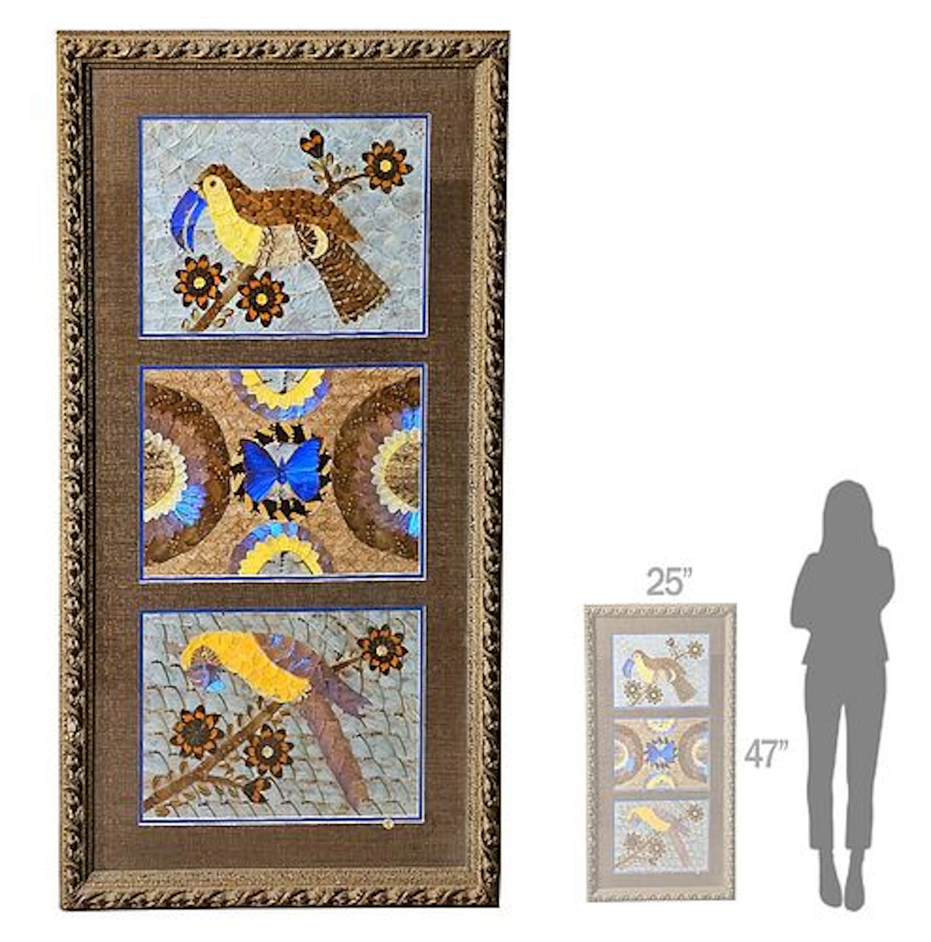 Large Collage Parrots & Flowers, Butterfly Moth Wings Taxidermy Art