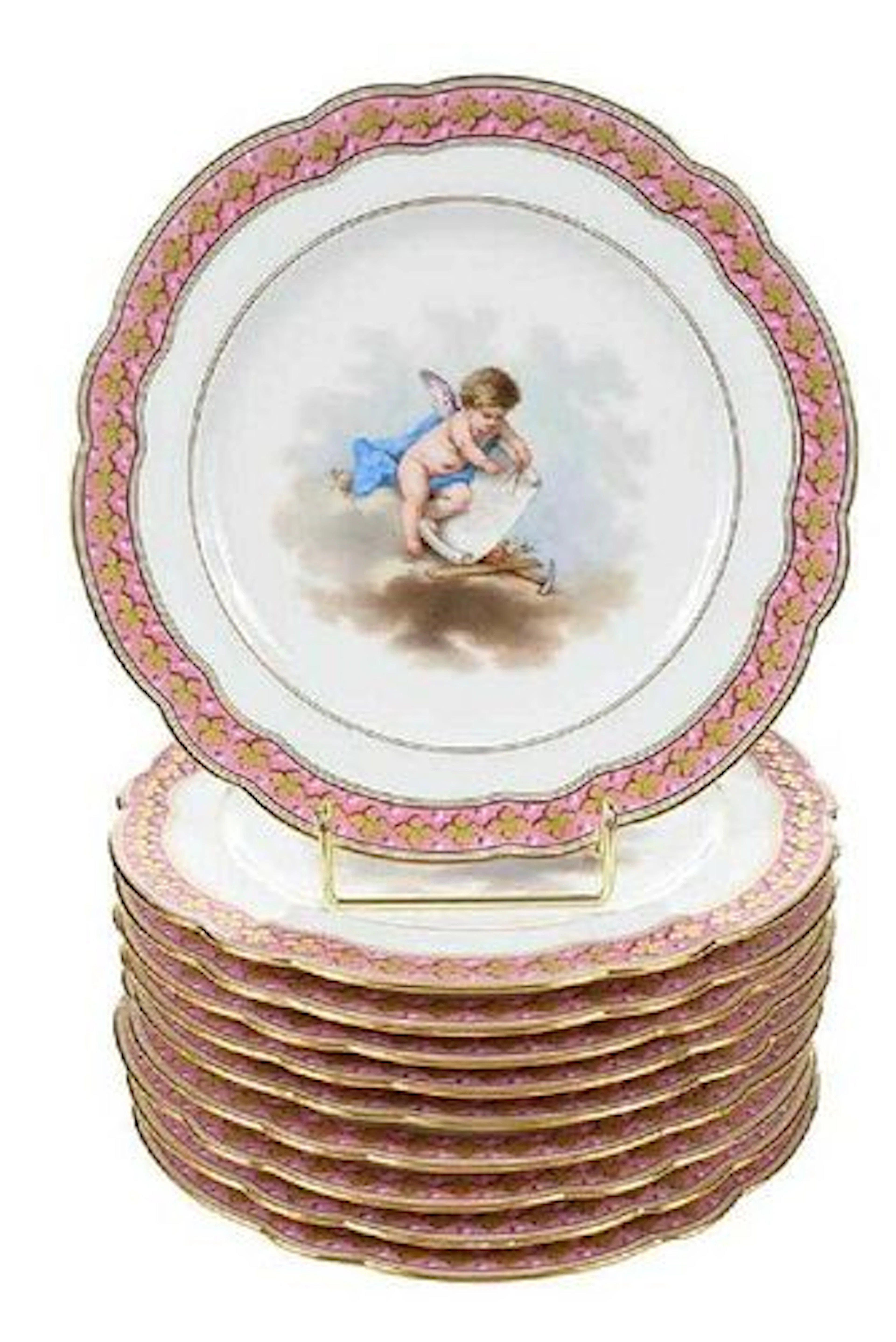 Set of 10 Late 19th C. Le Rosey Hand Painted Cabinet Plates