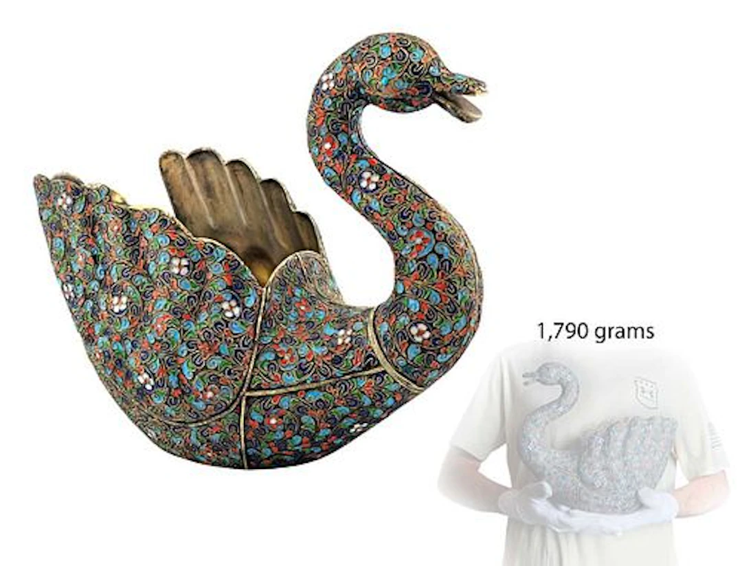 19th C. Cloisonne Gold Plated Russian/ Persian Enamel .84 Silver (1,790g) Swan
