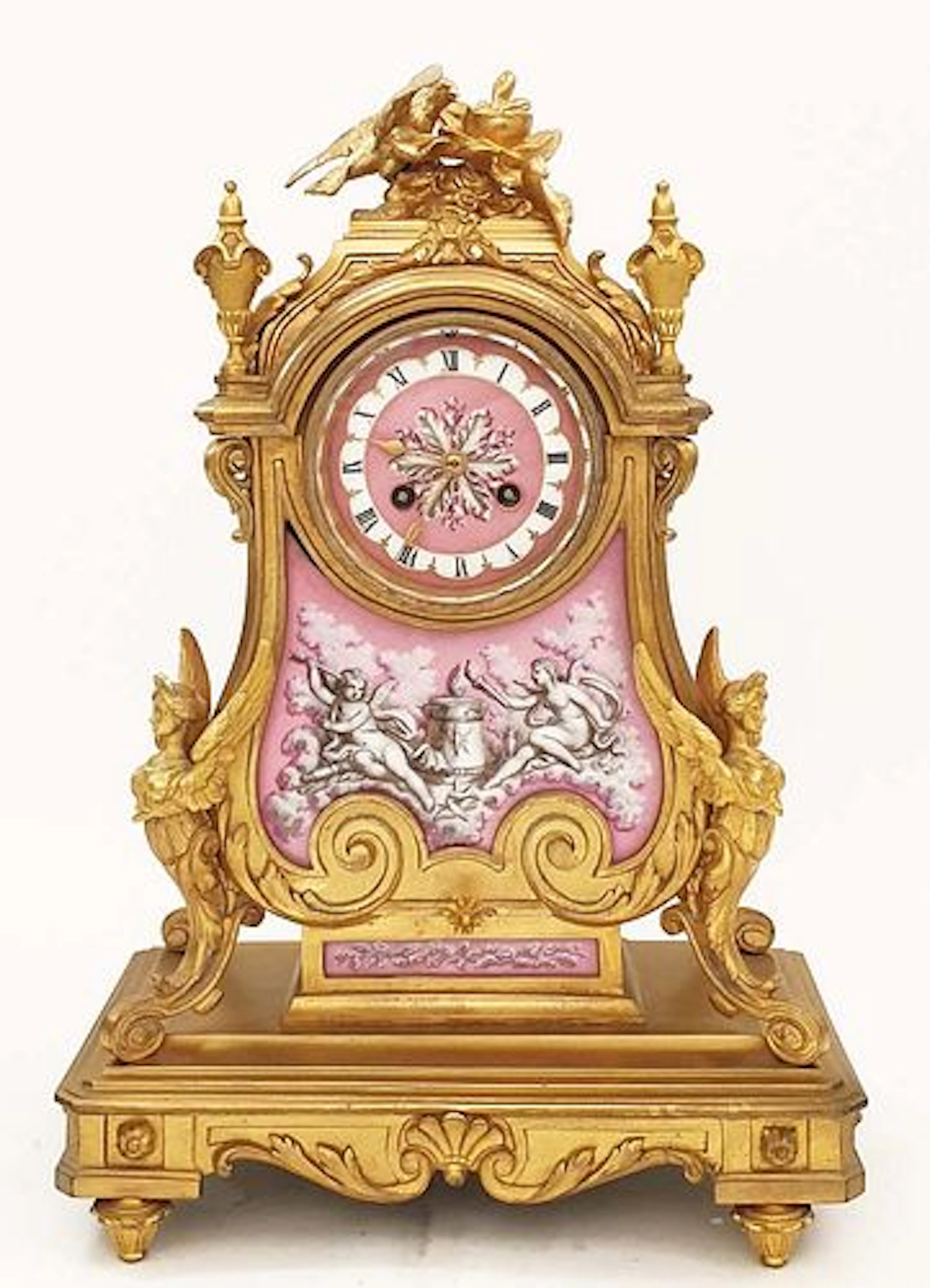 19th C. French Sevres Pink Plaques Figural Bronze Desktop Clock