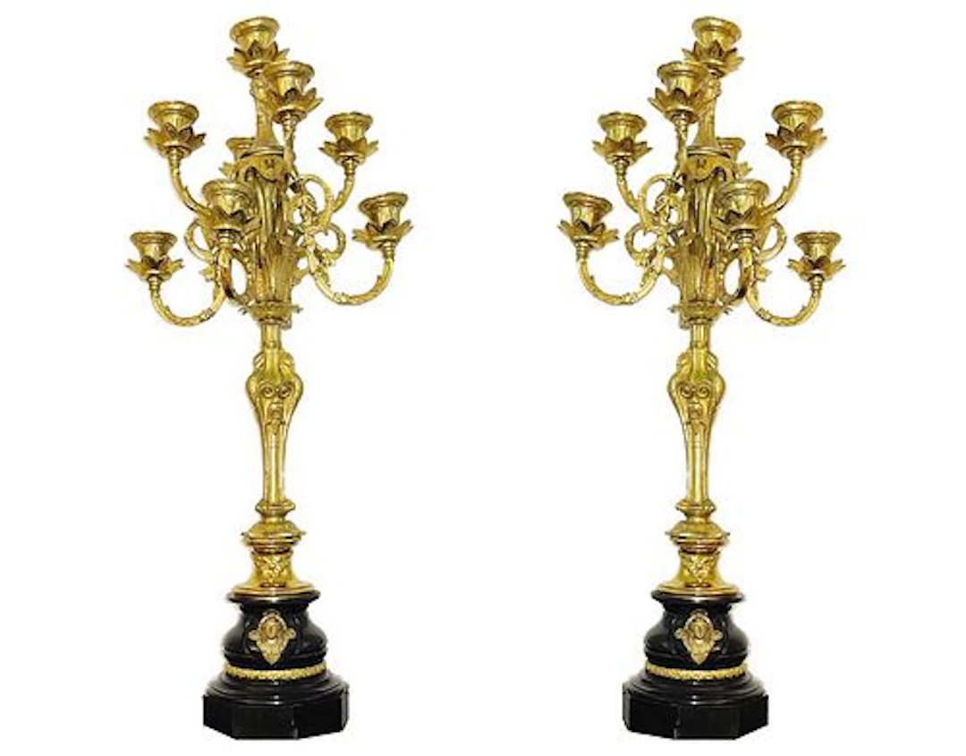 A Pair of Large 19th C French Bronze/Marble Candelabras