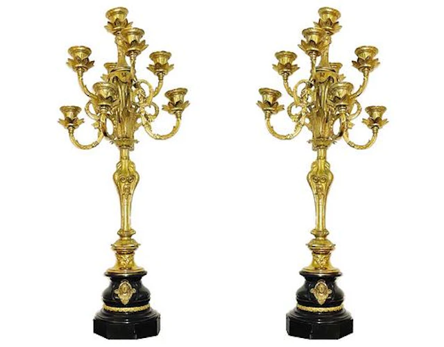 A Pair of Large 19th C French Bronze/Marble Candelabras