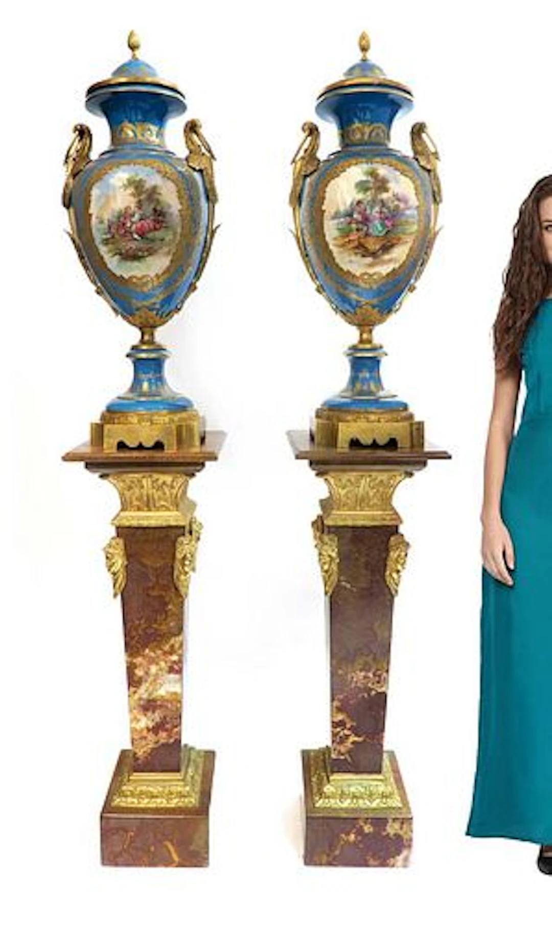 Monumental Pair of French Bronze Mounted Sevres Vases