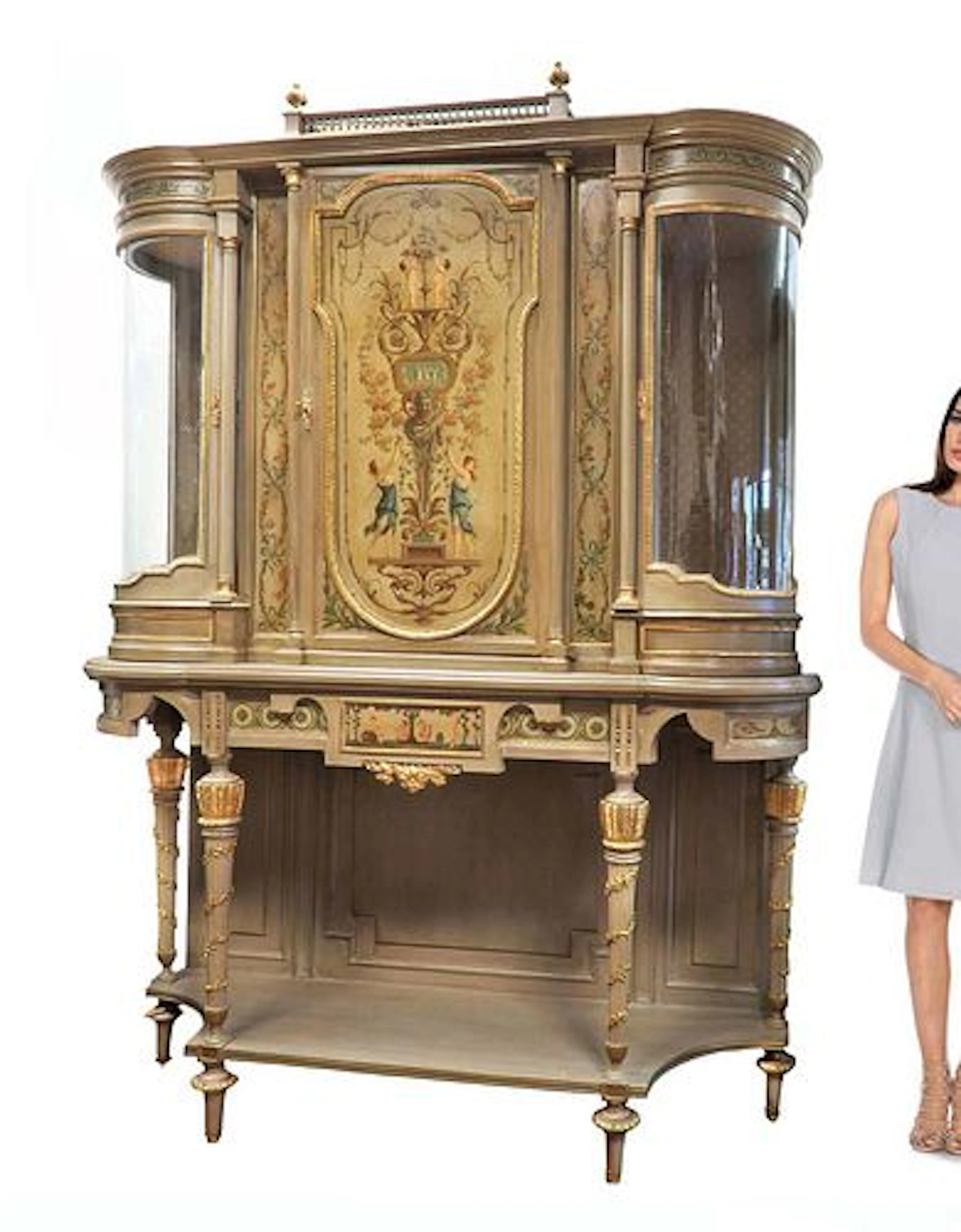A Large 19th C. French Hand Painted Vitrine Cabinet