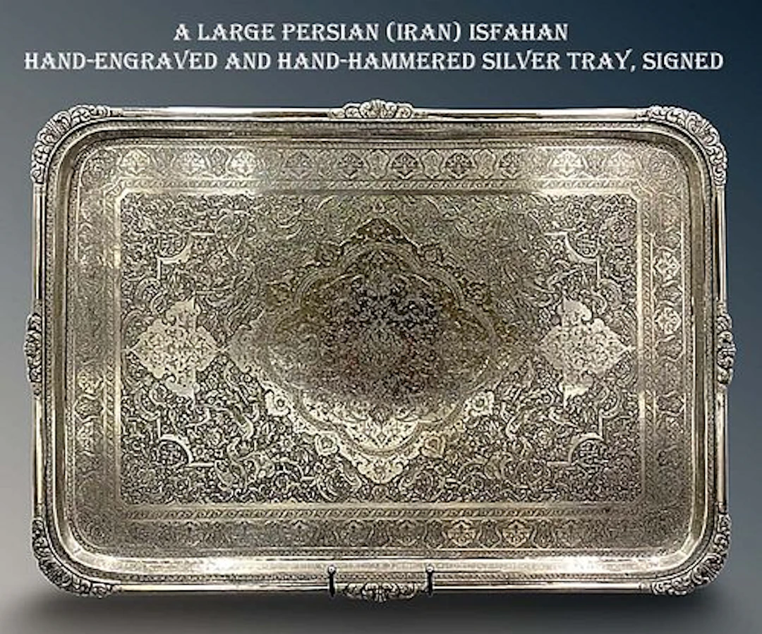 A Large Persian Isfahan Hand-Engraved/Hammered Silver Tray, Signed