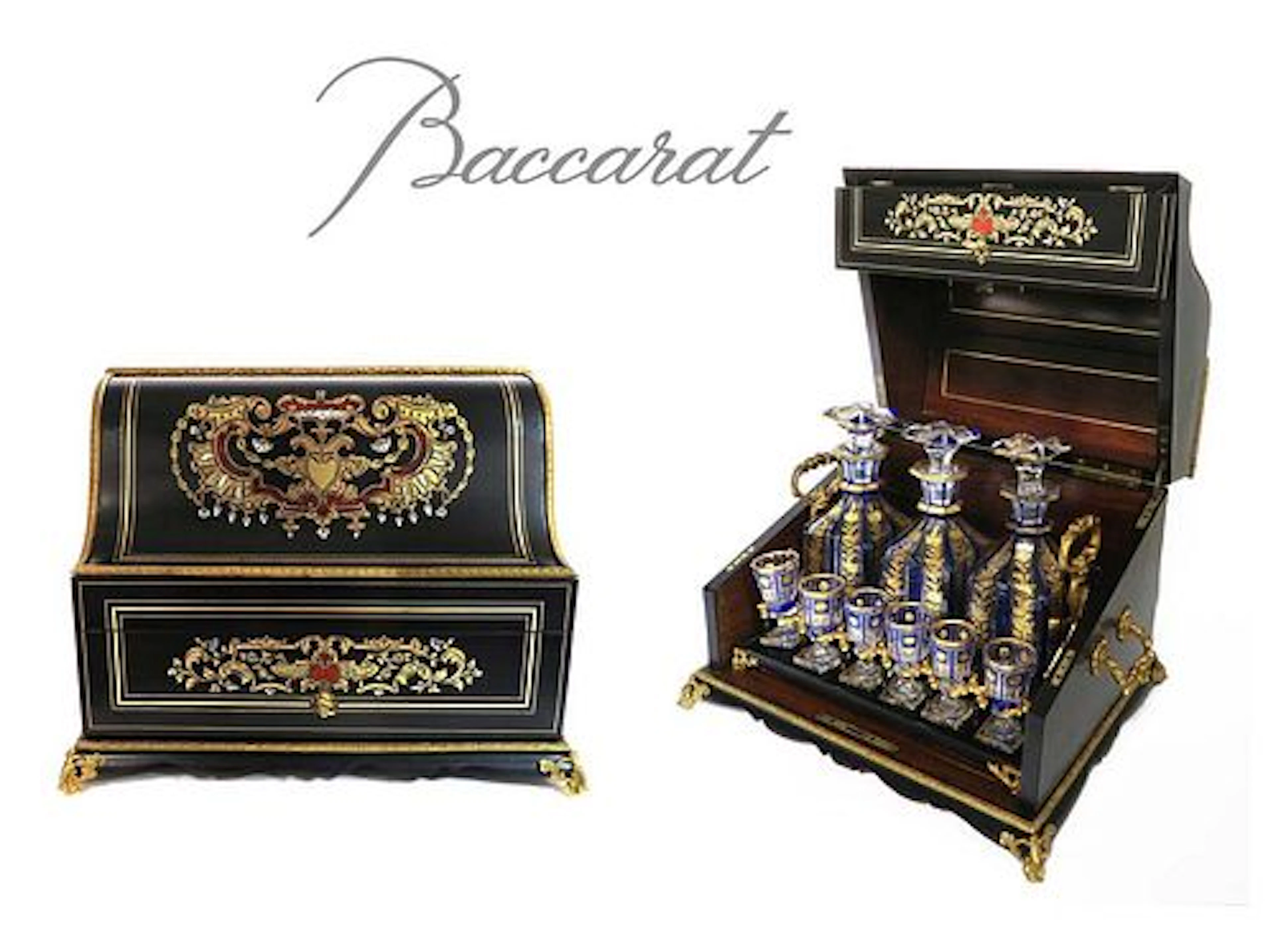 Bronze Marquetry Boulle Tantalus & Baccarat Liqueur Set