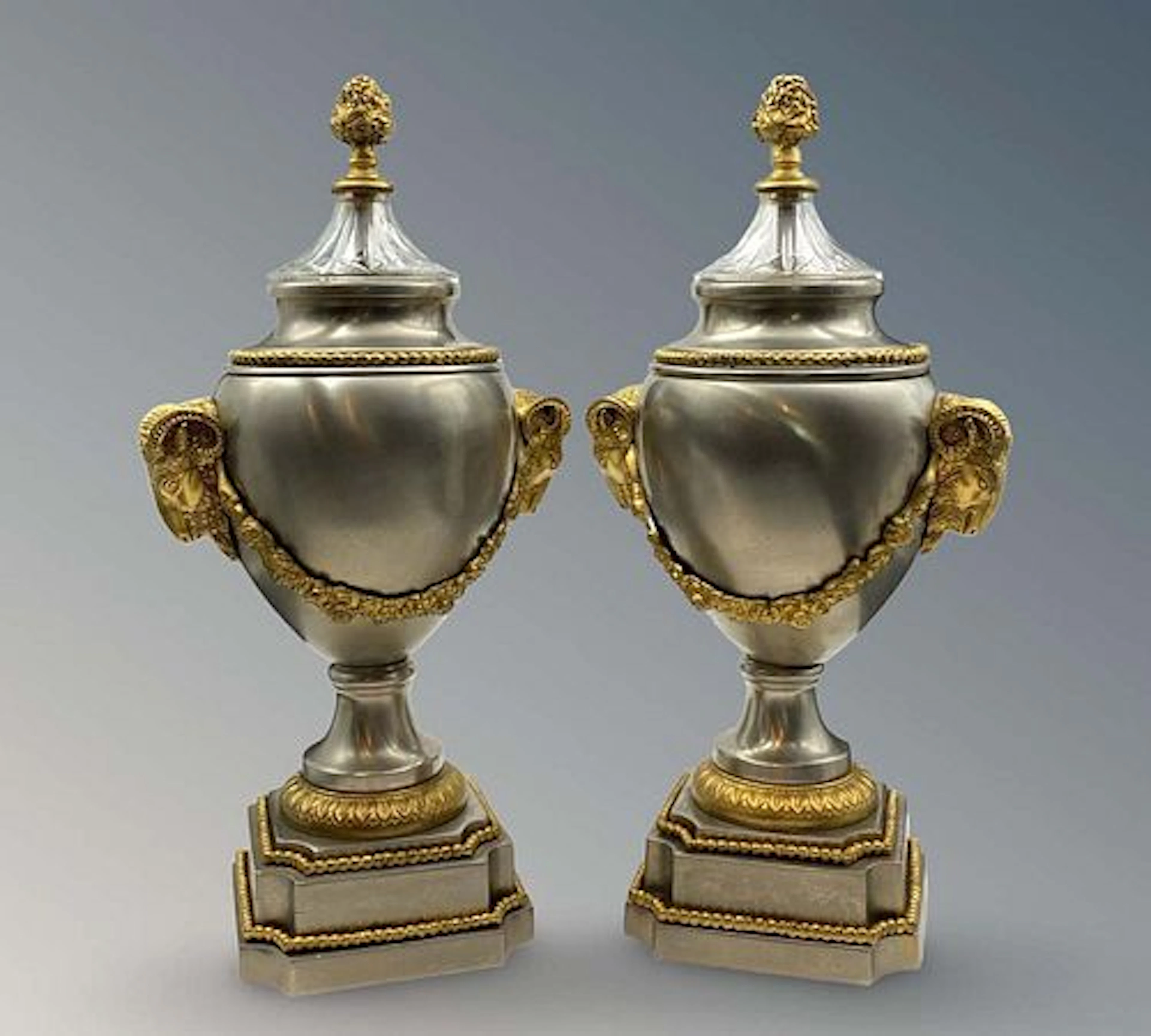 A Pair of Silver-Plated Bronze Figural Vases/Urns Glass Lidded