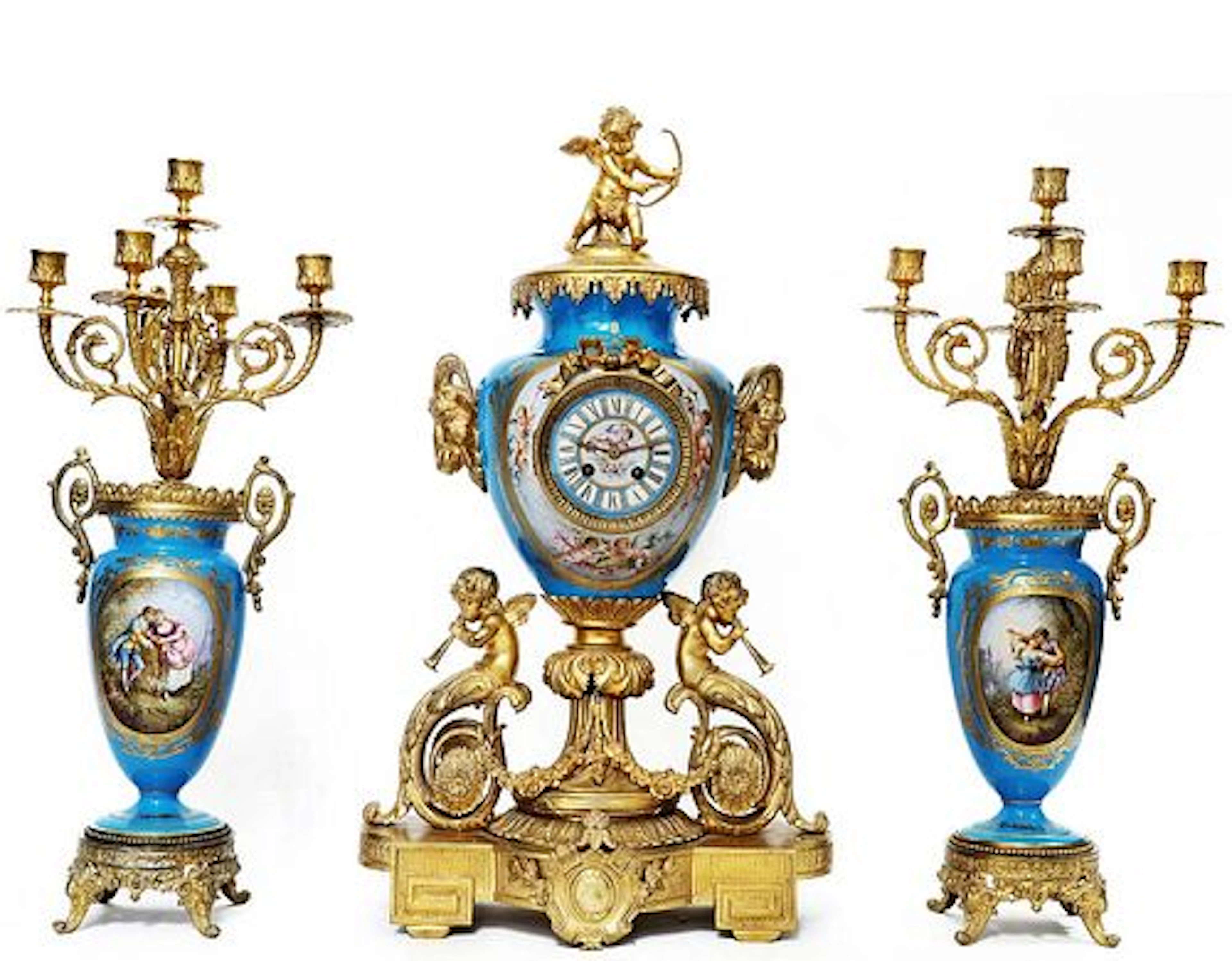 19th C. French Sevres Hand Painted Porcelain Bronze Clock set