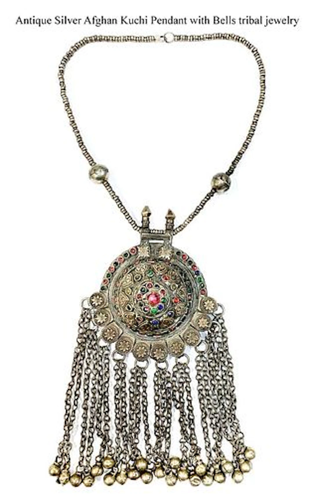 An Antique Afghan Kuchi Bells Tribal Jeweled Silver Pendant