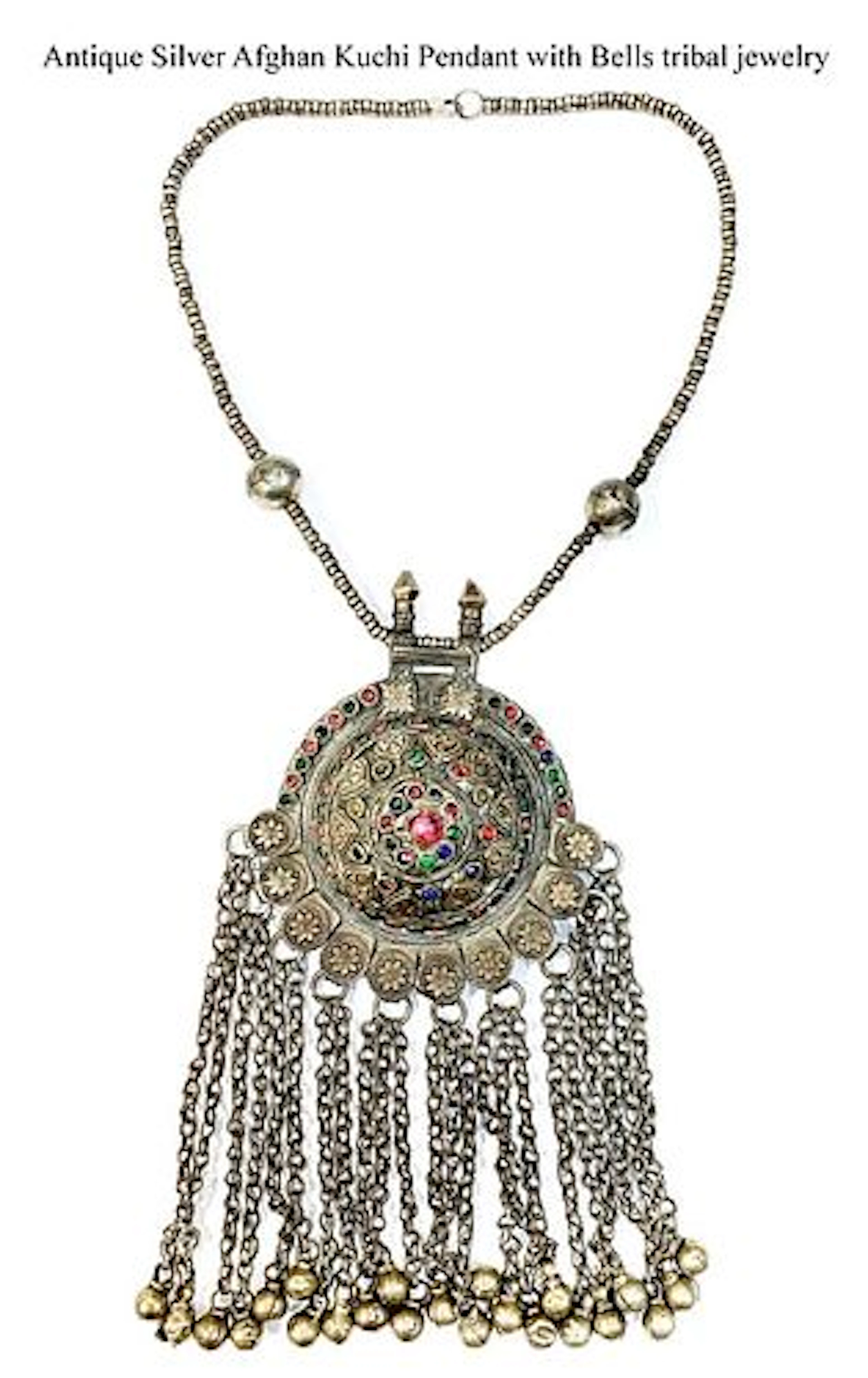 An Antique Afghan Kuchi Bells Tribal Jeweled Silver Pendant