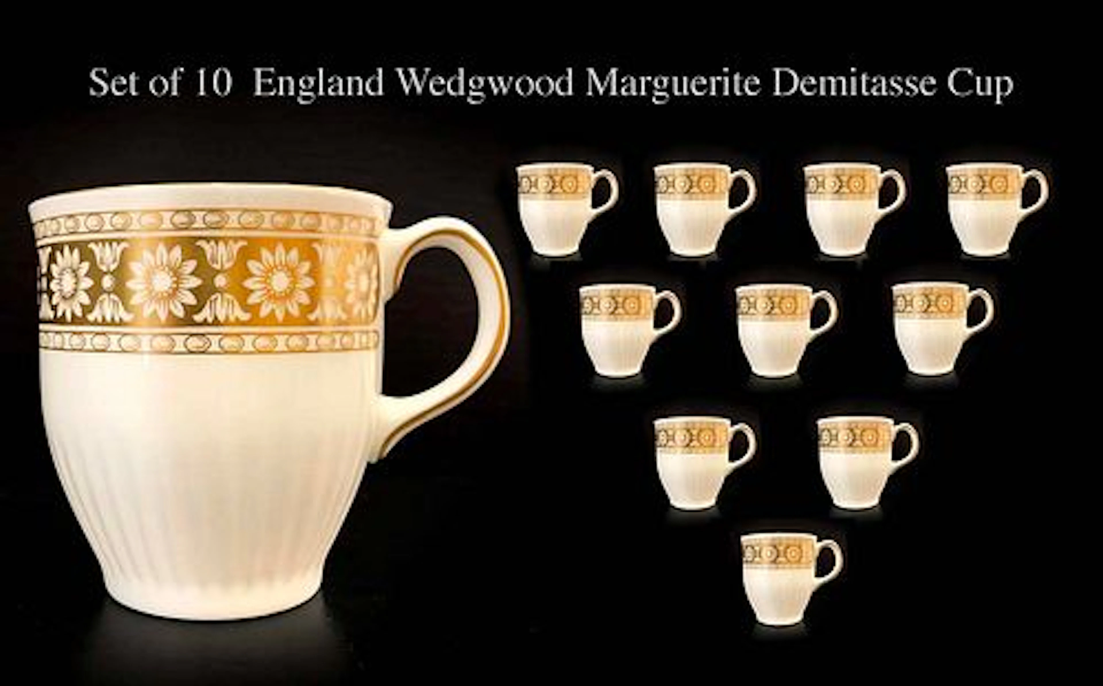 A Set of Ten English Wedgwood Marguerite Demitasse Cups, Hallmarked