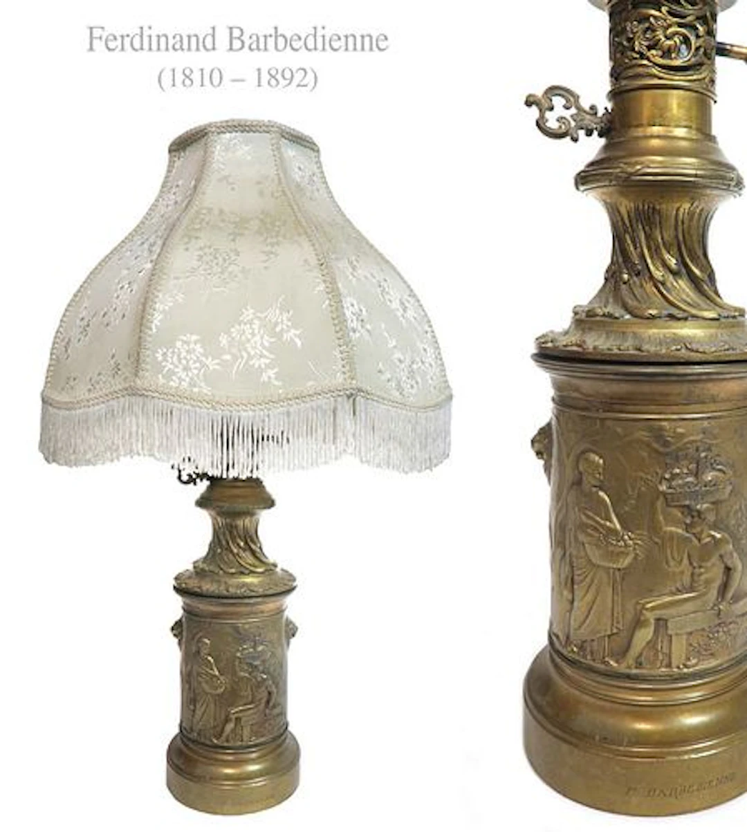 19th C French Ferdinand Barbedienne Bronze Lamp, Signed
