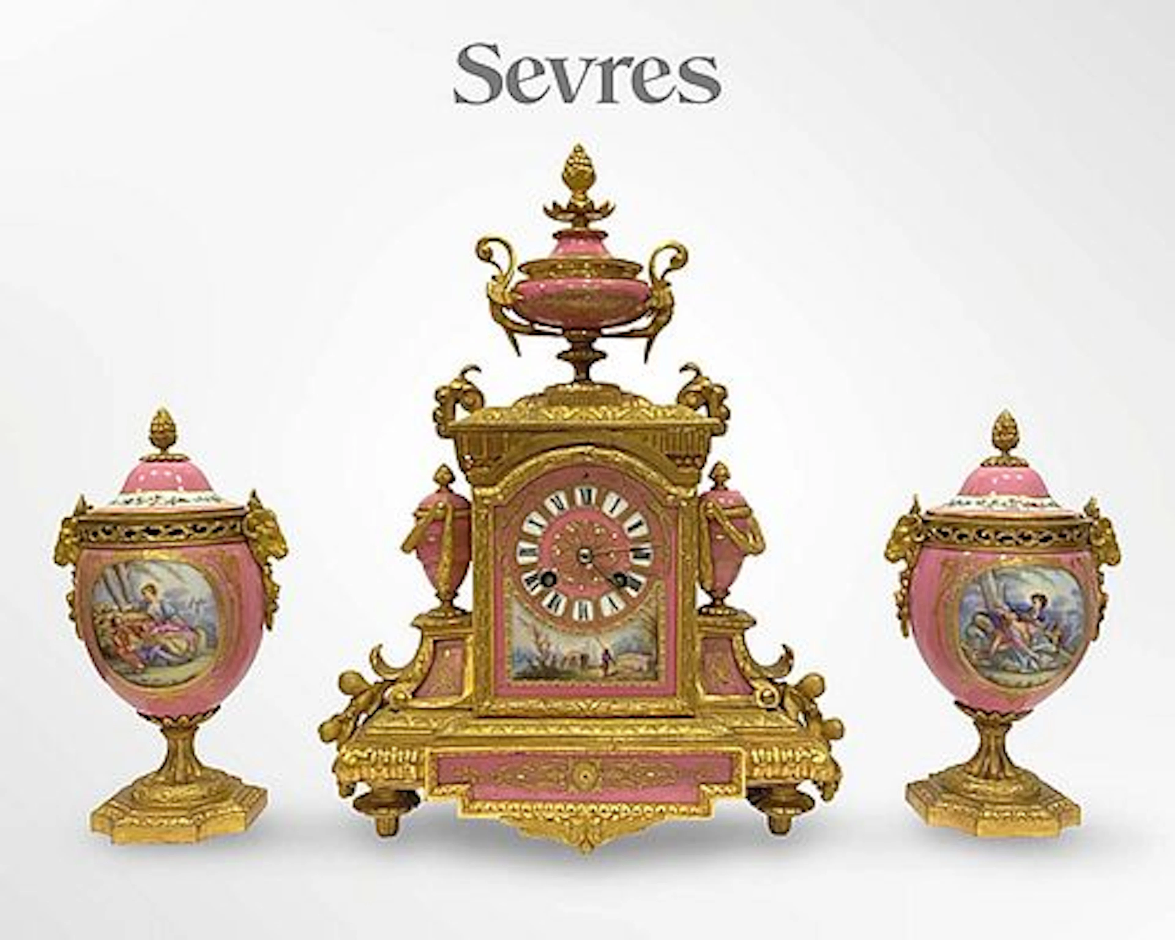 19th C. Sevres Pink Jeweled Hand Painted Porcelain Gilt Bronze Clock Set