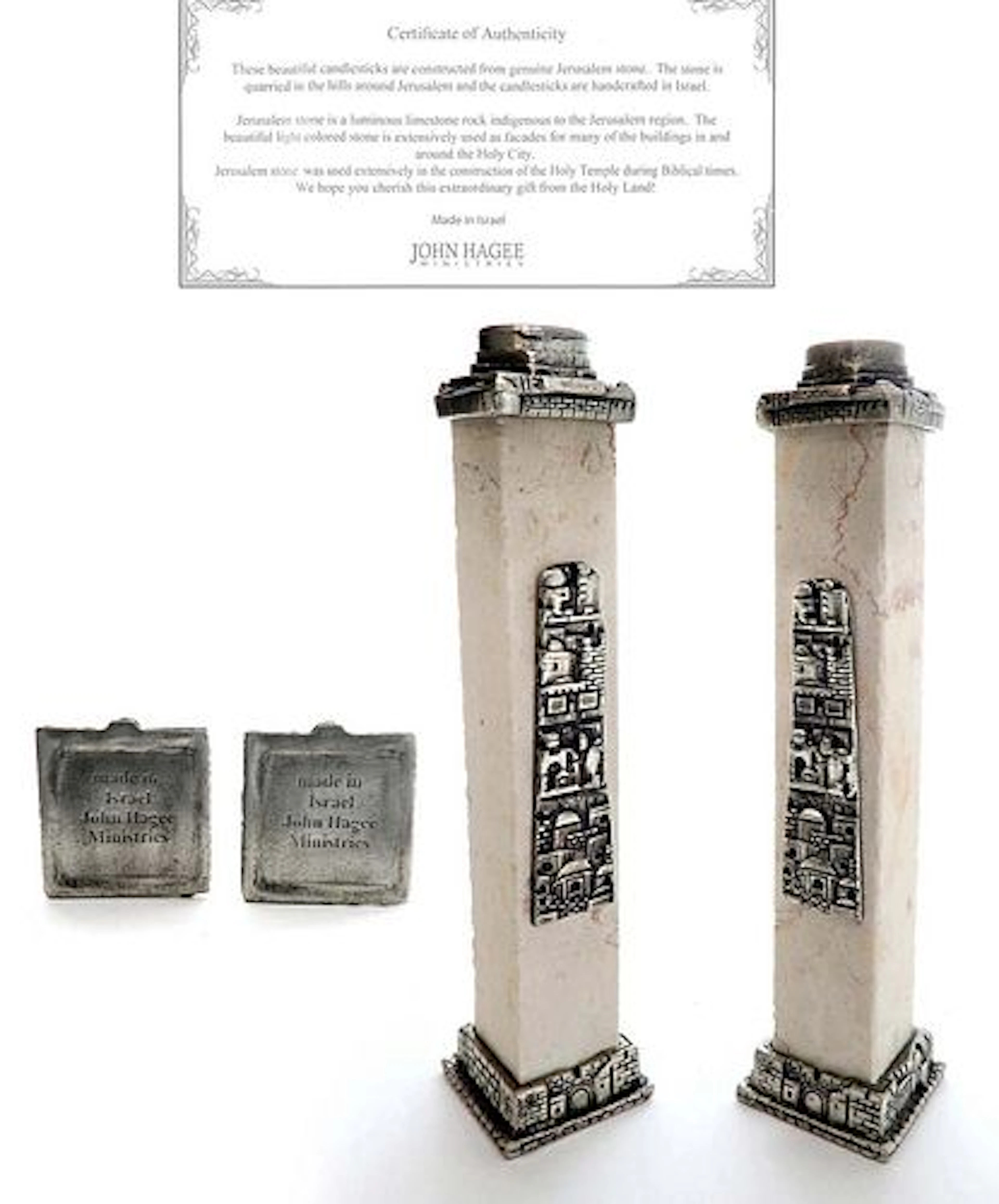 John Hagee Pair of Judaica Jerusalem Stone Candlesticks