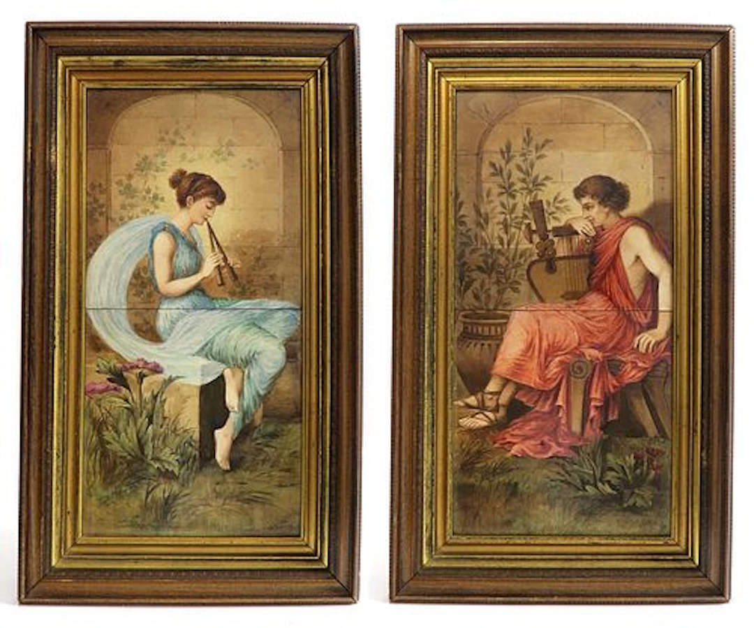 19th C. Large Pair of French Hand Painted Plaques/Tiles