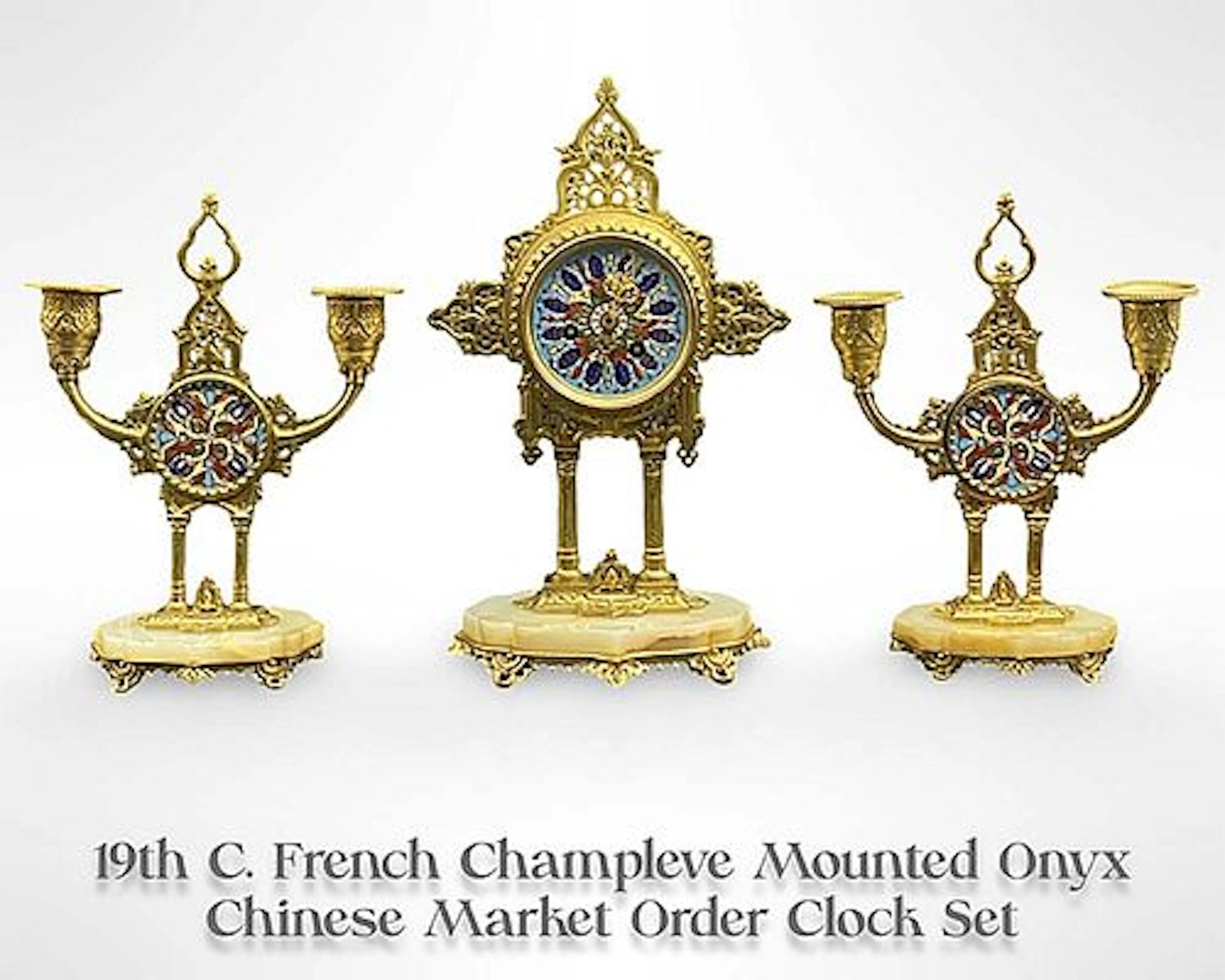 19th C. French Champleve Bronze Onyx Clock Set