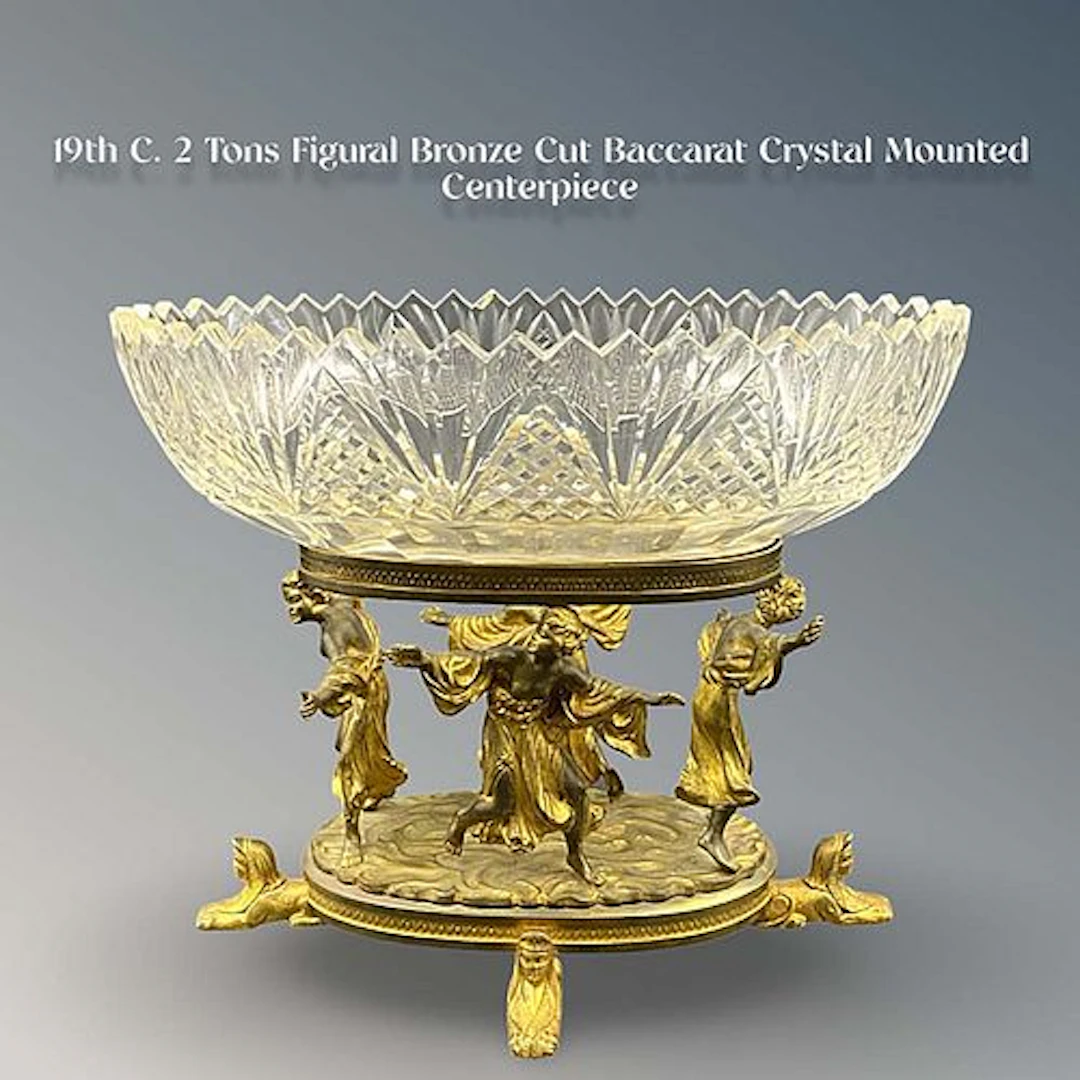 ?19th C. Baccarat Cut Crystal & Two Tons Bronze Figural Centerpiece