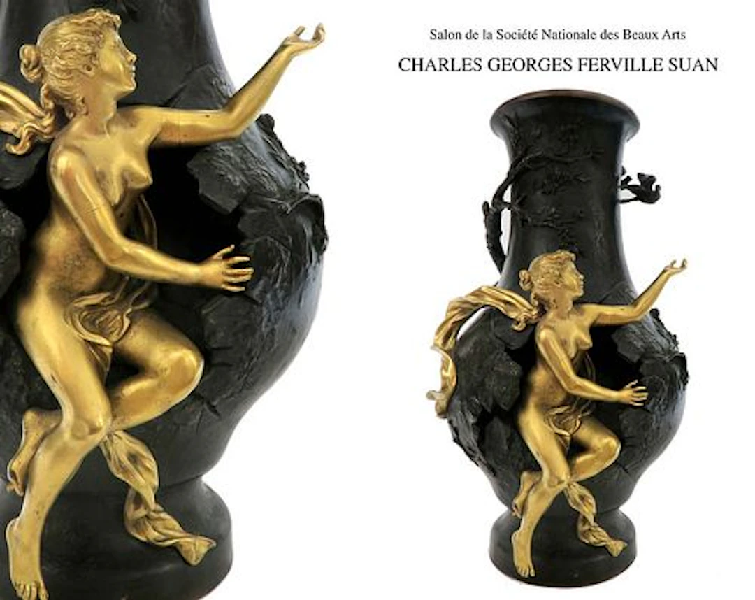 19TH C CHARLES GEORGES FERVILLE SUAN BRONZ FIGURAL VASE