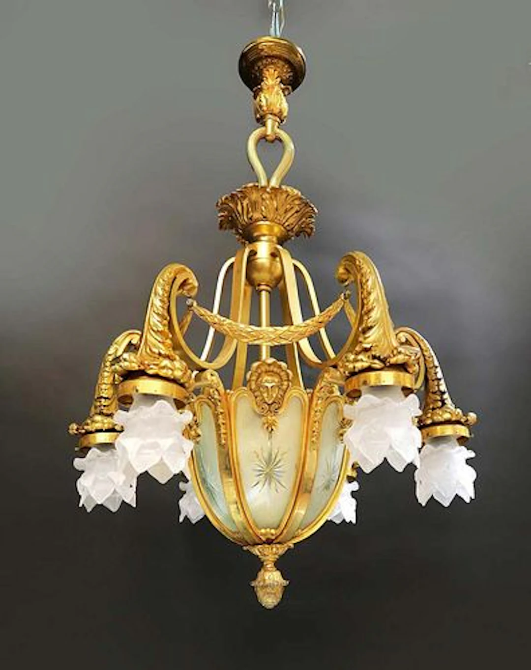 19th C. Figural Bronze & Crystal Chandelier 7-light