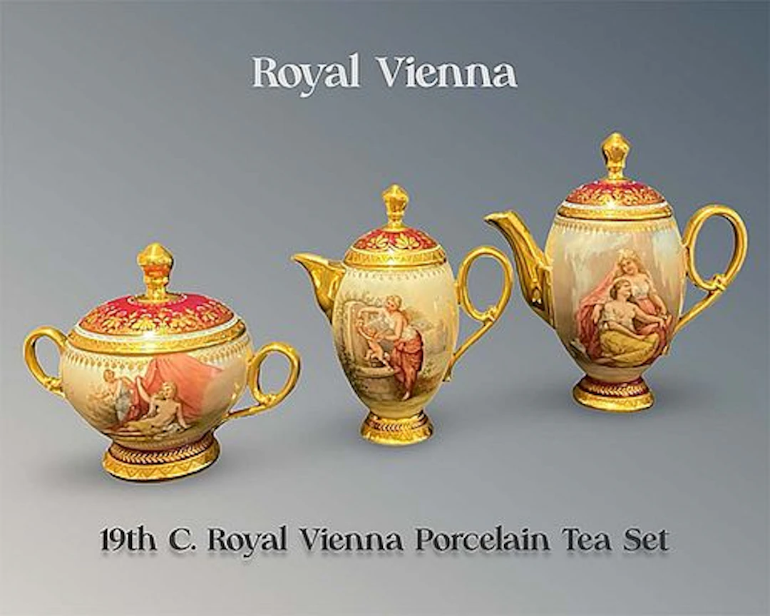 19th C. Austrian Royal Vienna Hand Painted Porcelain Tea Set (3 Pieces)