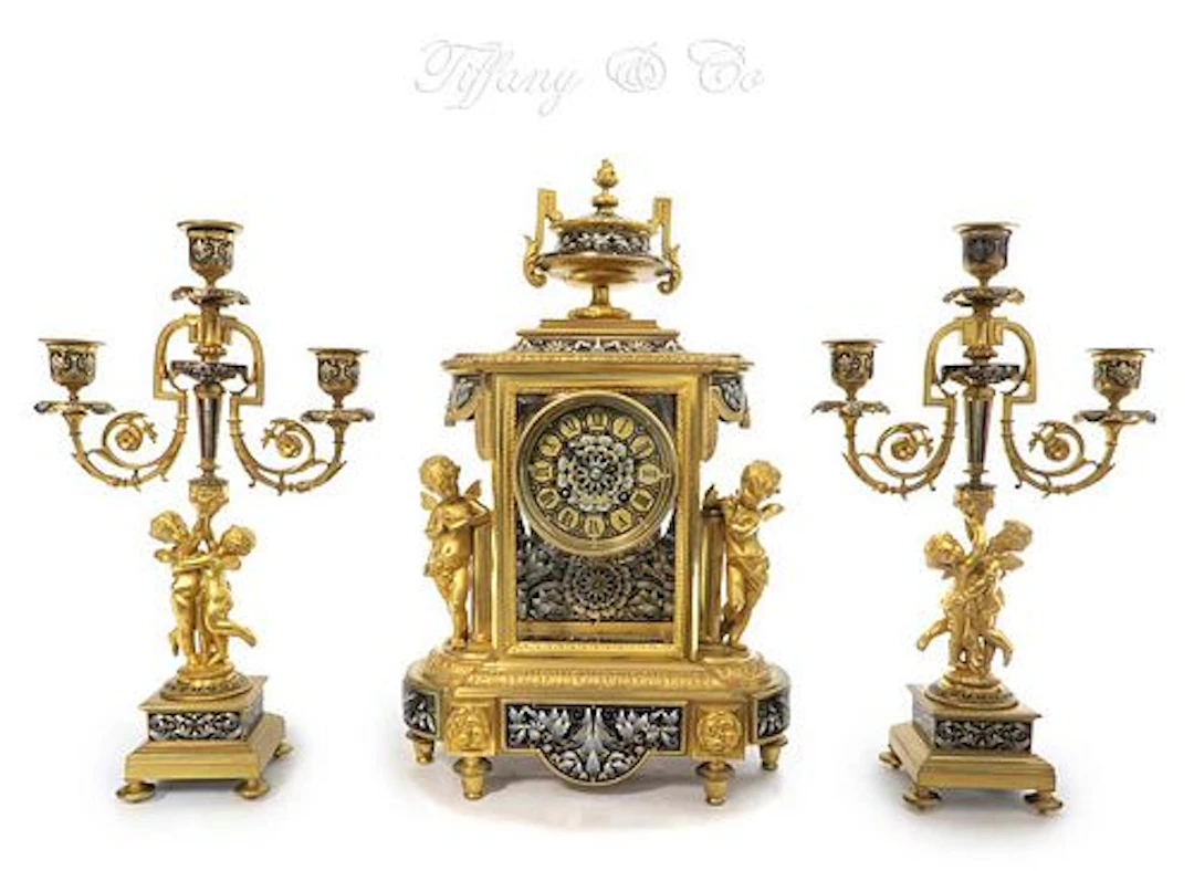 19th C Tiffany & Co Figural French Champleve Clock set